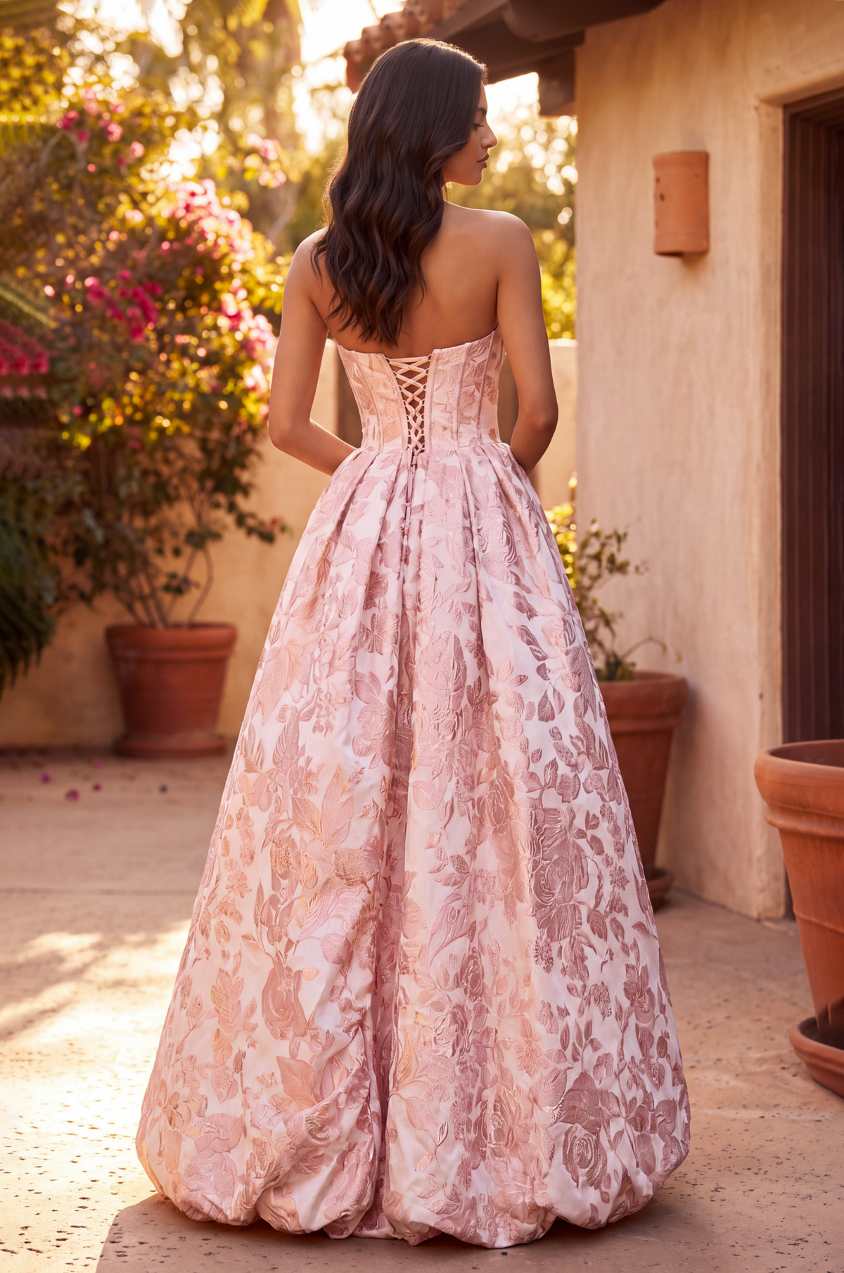 High Low Prom Gown Floral Jacquard Corset Bodice Dress – Navy