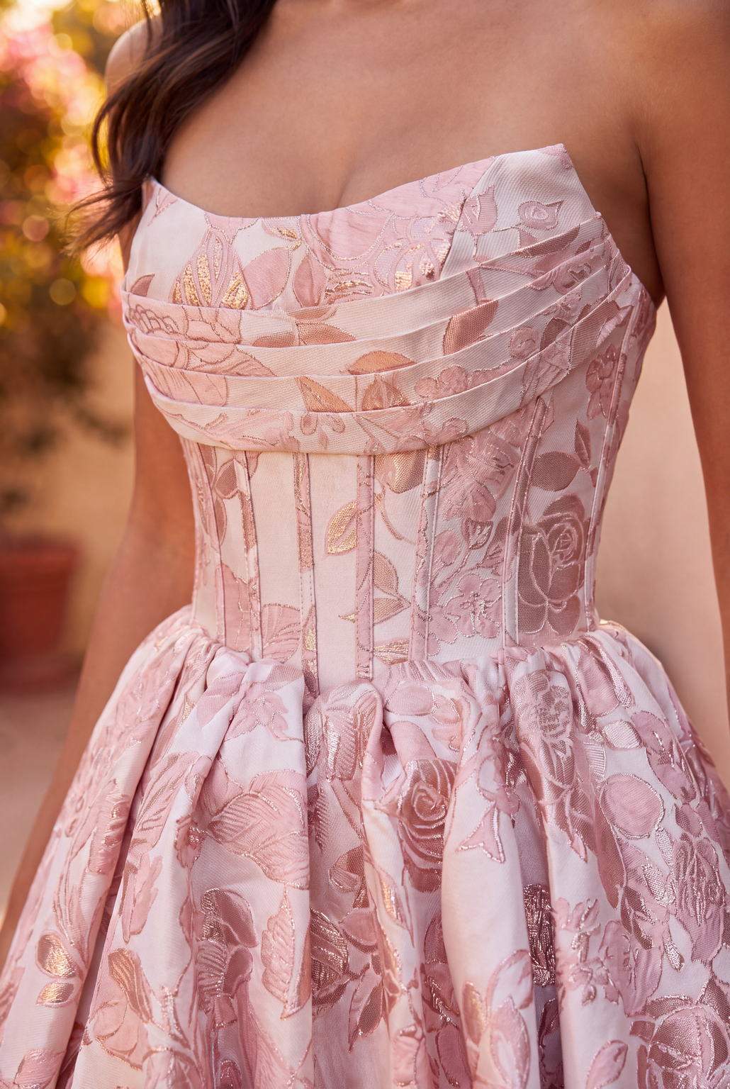 High Low Prom Gown Floral Jacquard Corset Bodice Dress – Navy