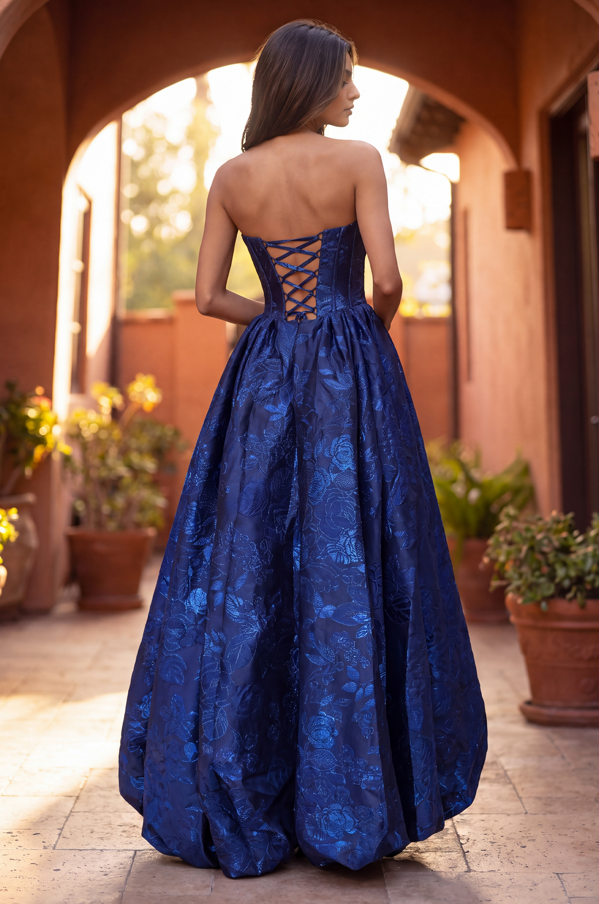 High Low Prom Gown Floral Jacquard Corset Bodice Dress – Blue