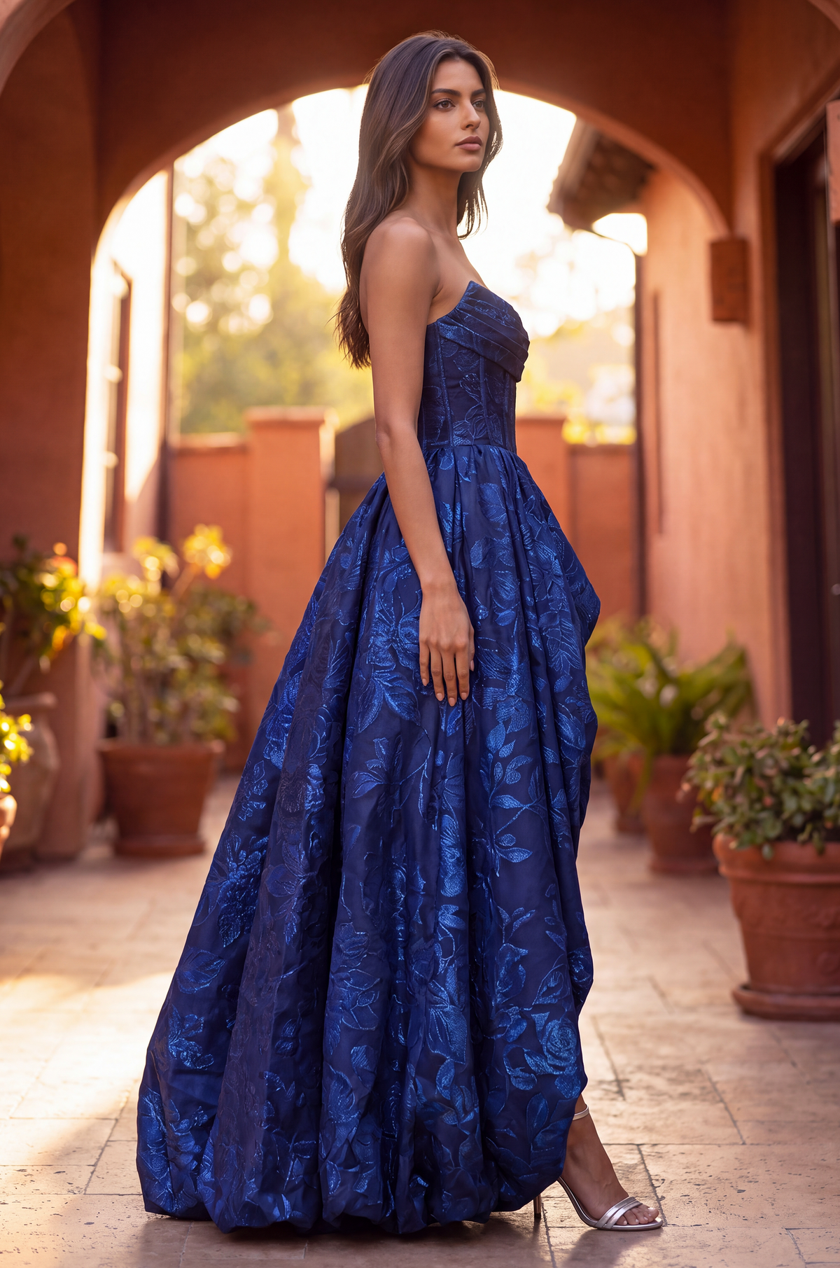 High Low Prom Gown Floral Jacquard Corset Bodice Dress – Blue
