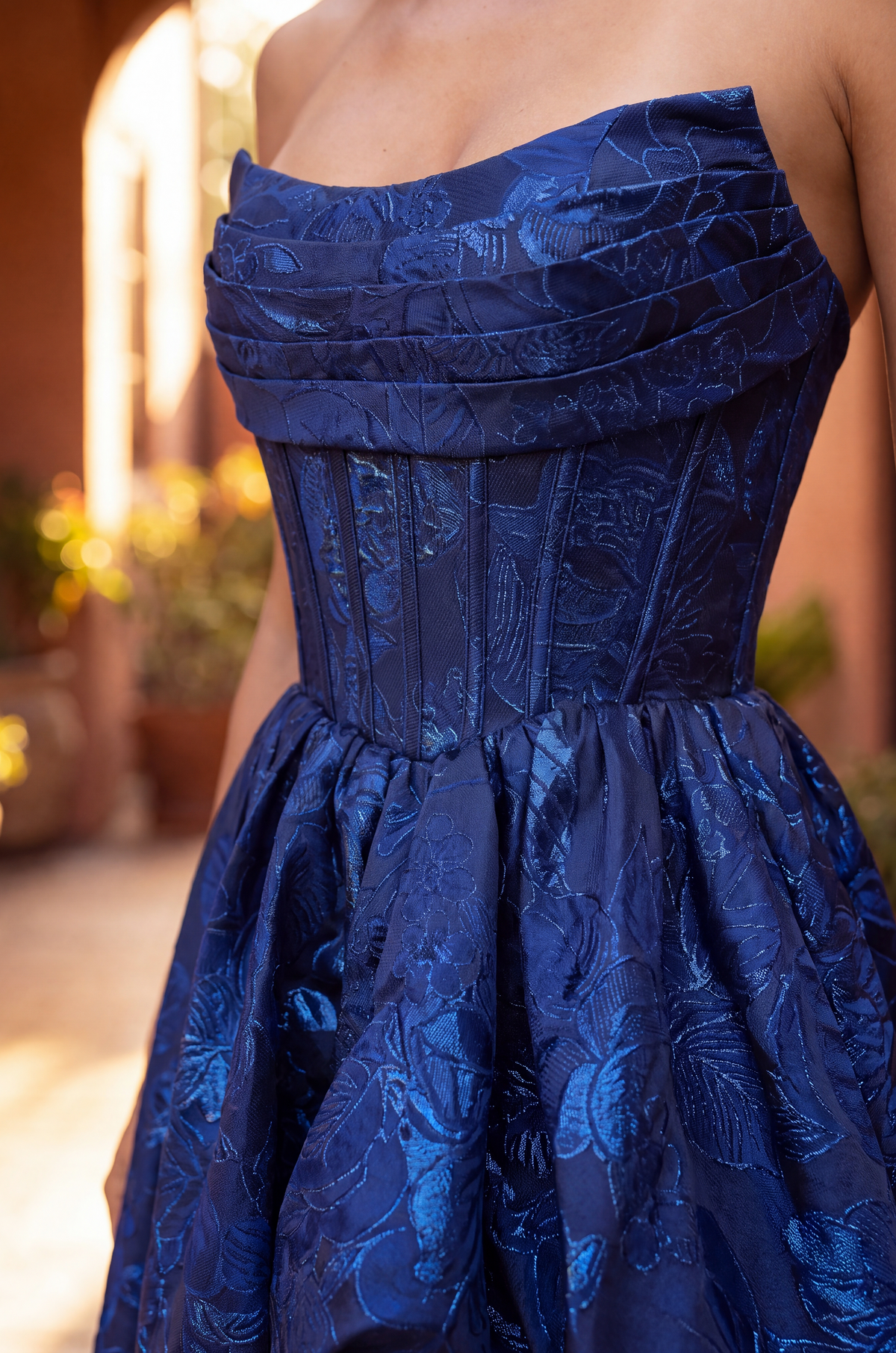 High Low Prom Gown Floral Jacquard Corset Bodice Dress – Navy