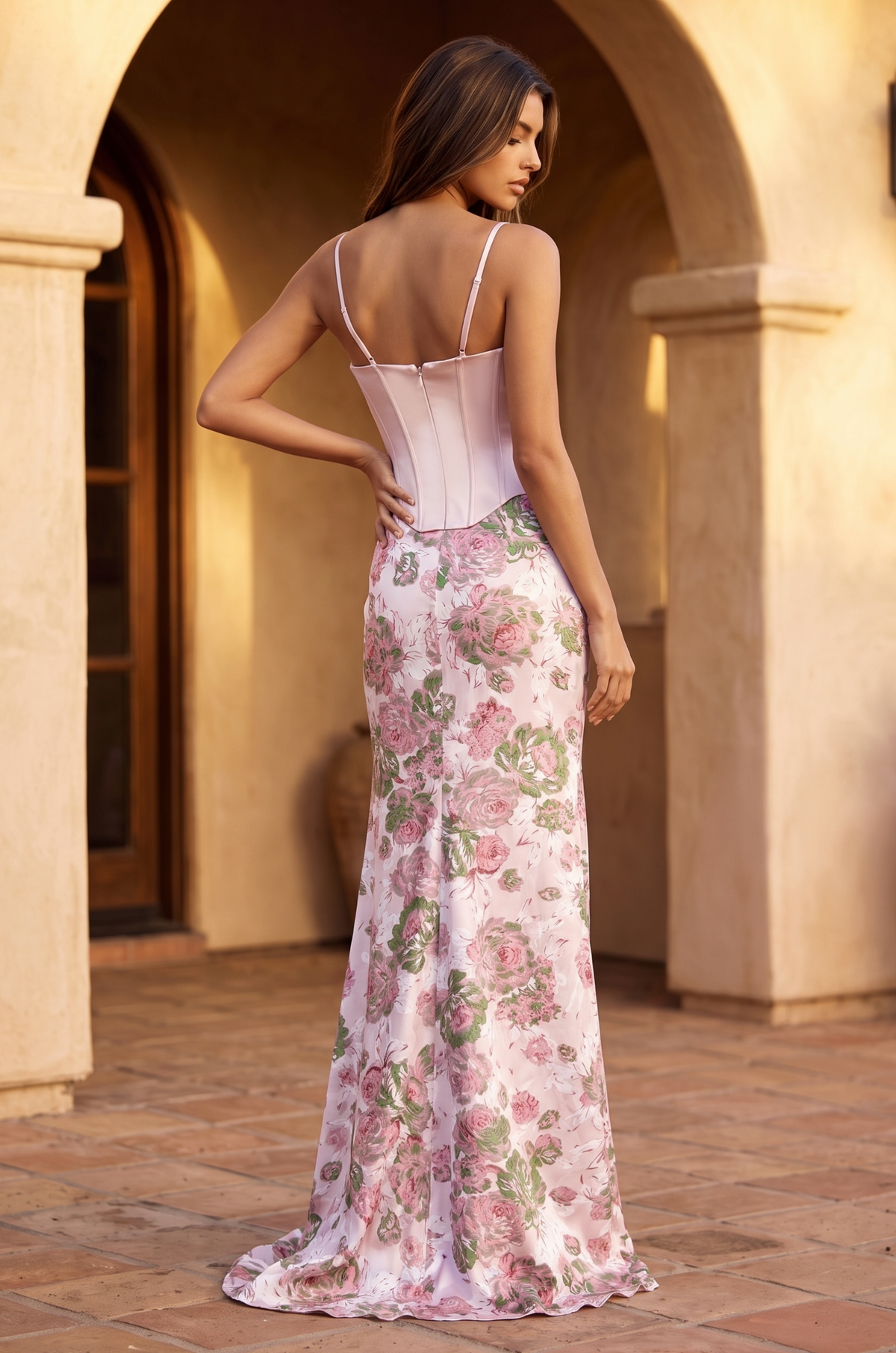 Floral Print Corset Gown – Baby Pink
