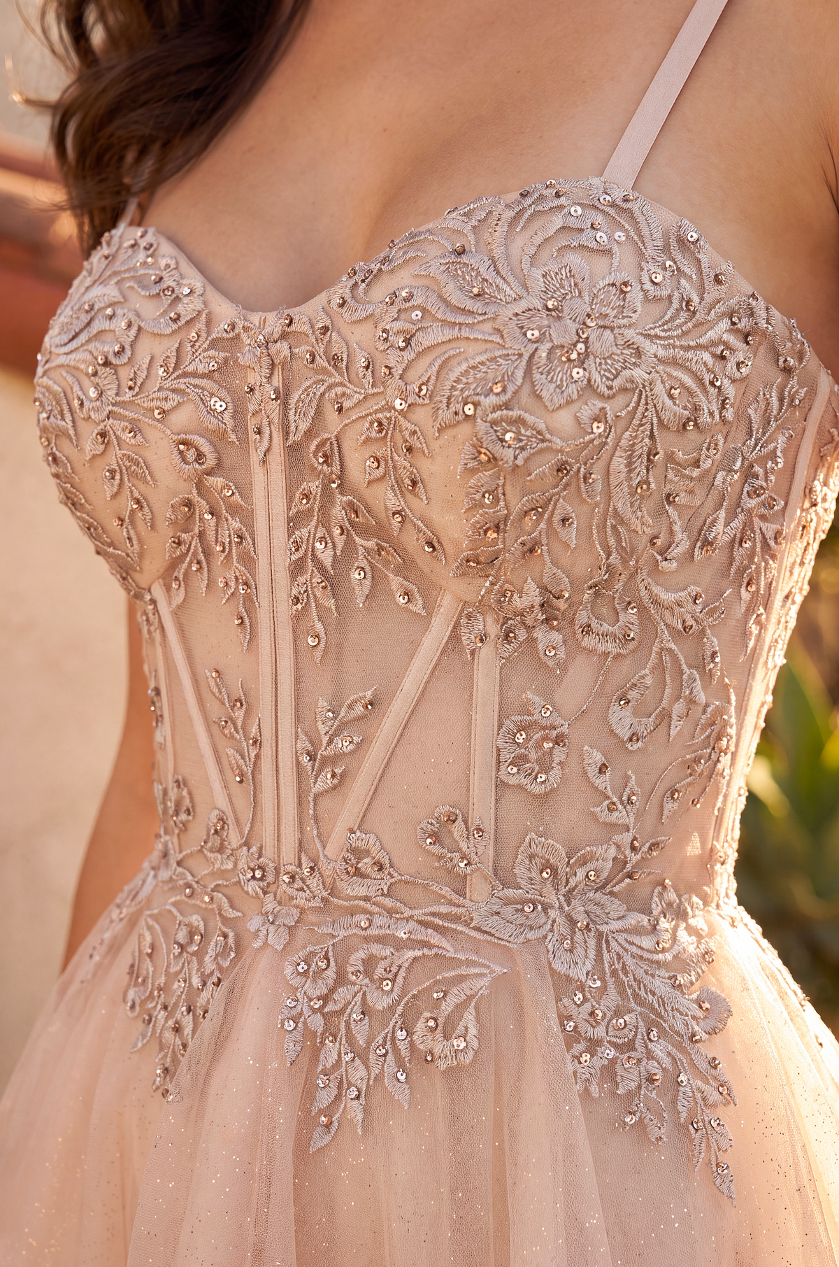 Floral Lace Corset HOCO Dress with Stones Adjustable Straps and Shimmer Tulle Skirt – Champagne