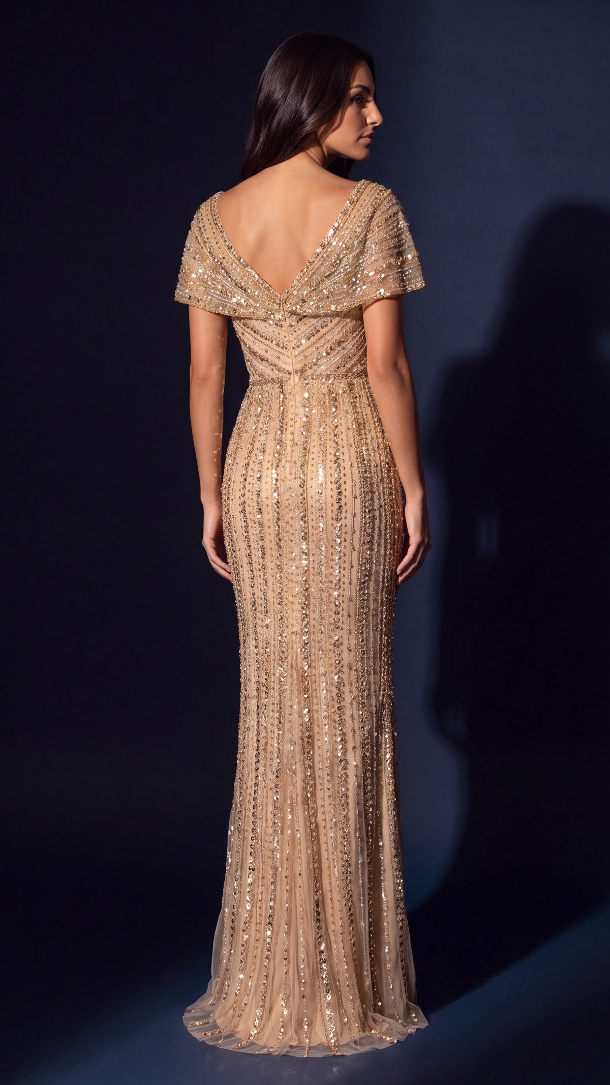 Beaded V-Neck Cap Sleeve Mermaid Gown – Gold