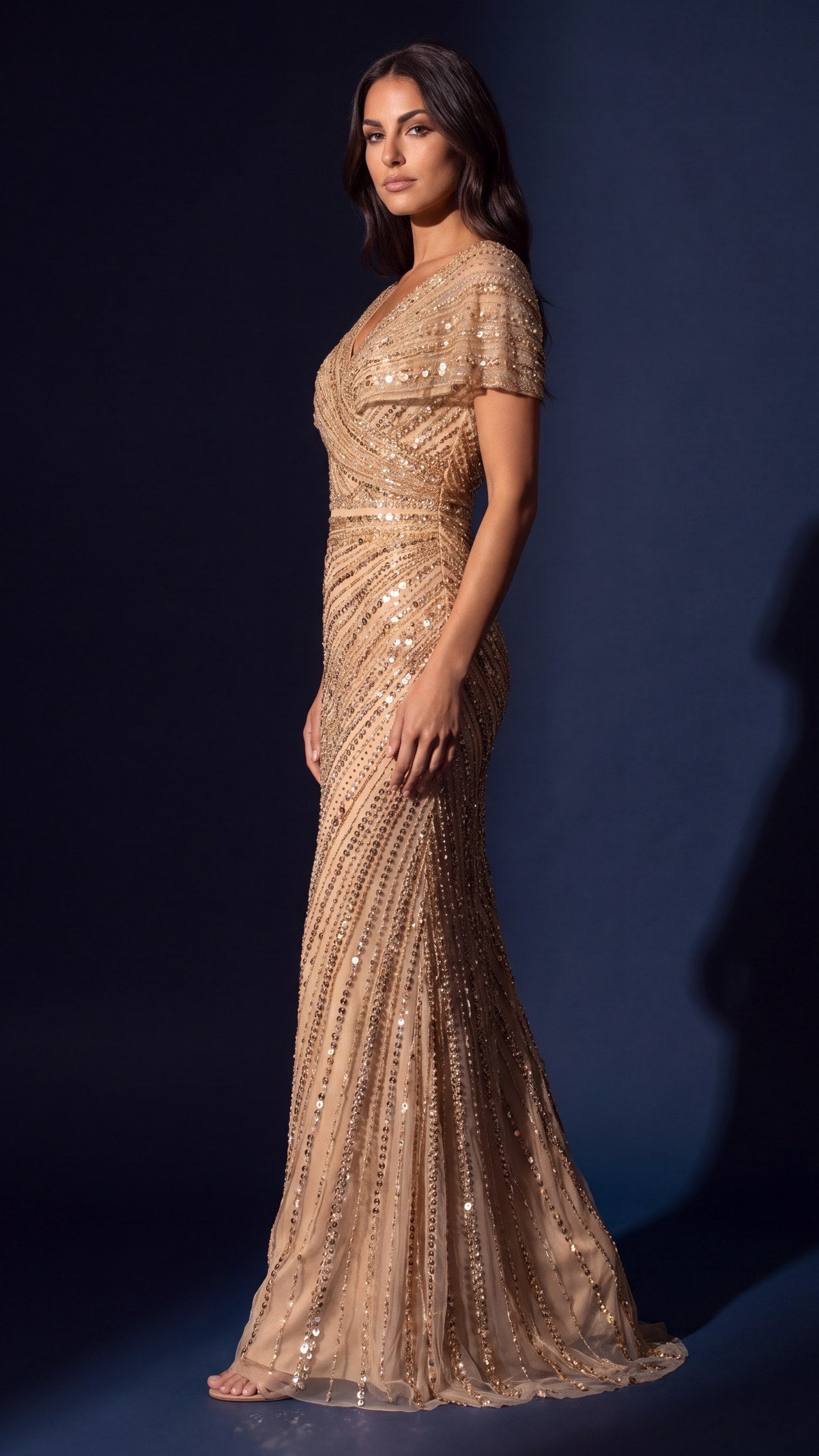 Beaded V-Neck Cap Sleeve Mermaid Gown – Gold