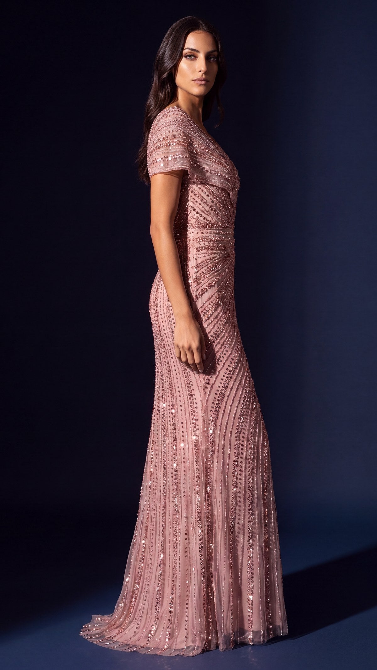 Beaded V-Neck Cap Sleeve Mermaid Gown – Dusty Rose