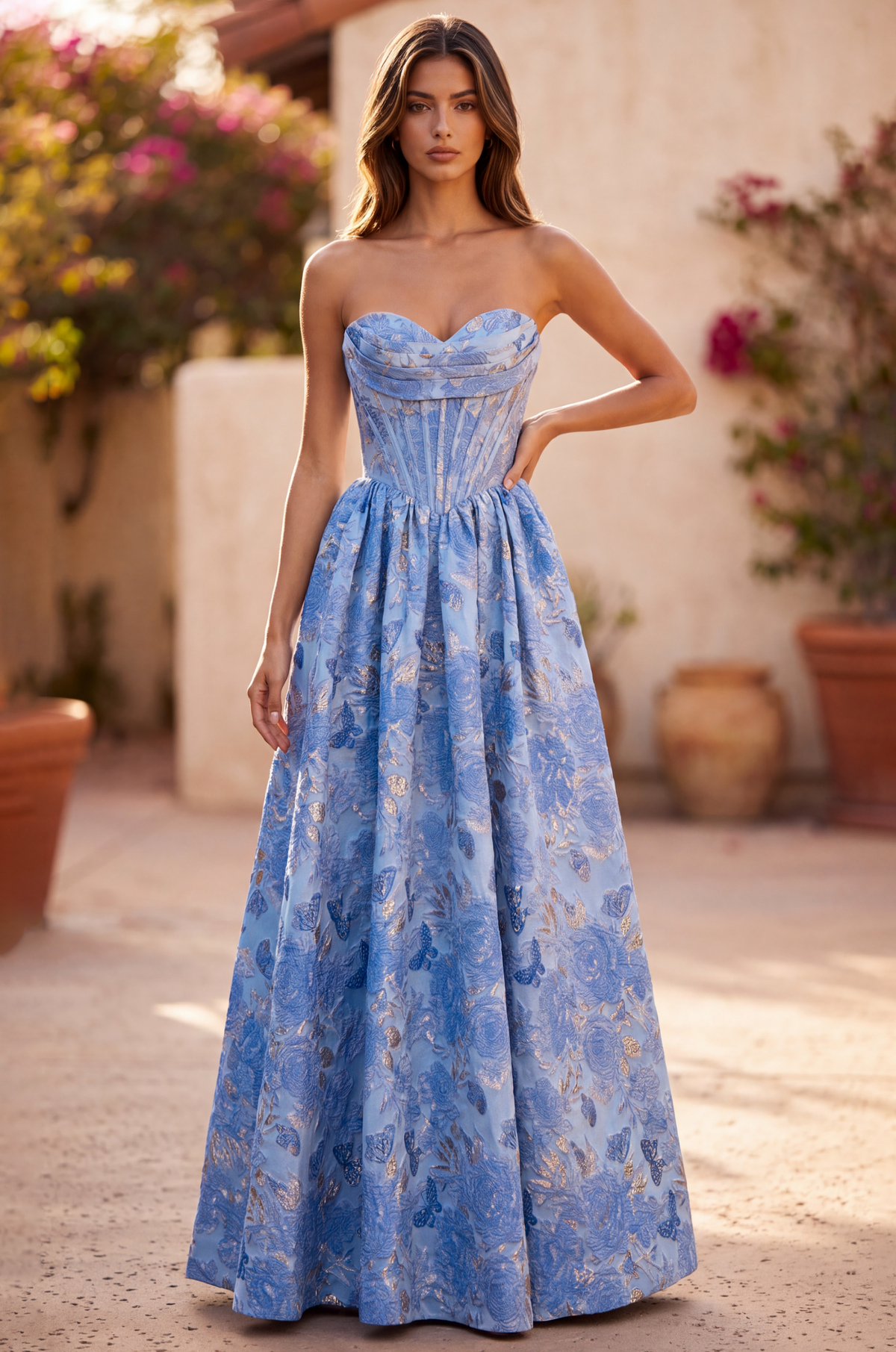 A Line Corset Jacquard Floral Dress with Metallic Accent – Paris Blue
