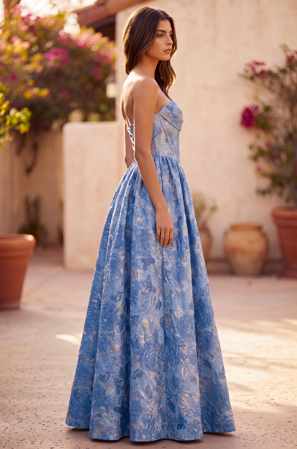A Line Corset Jacquard Floral Dress with Metallic Accent – Paris Blue