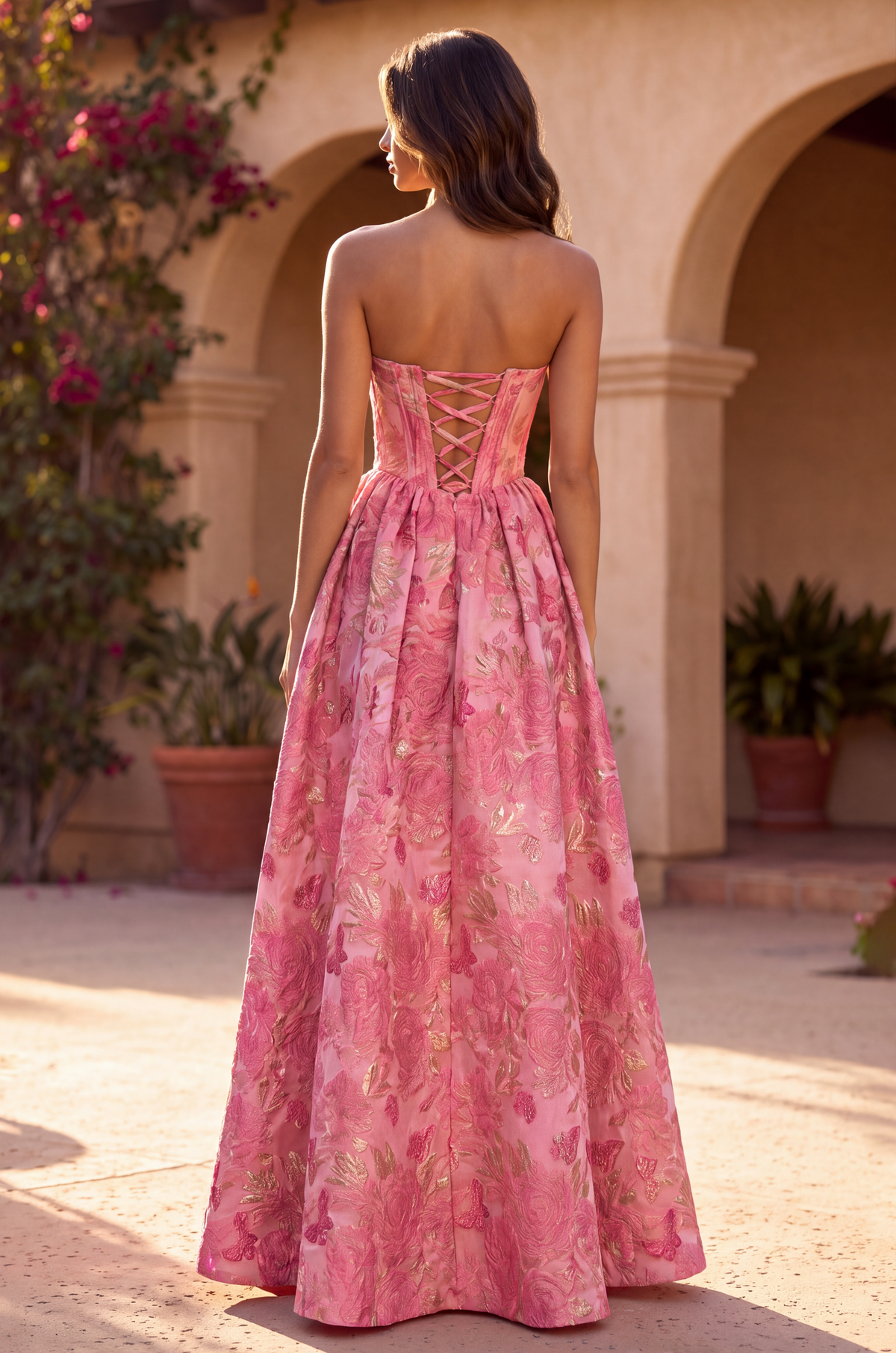 A Line Corset Jacquard Floral Dress with Metallic Accent – Rose