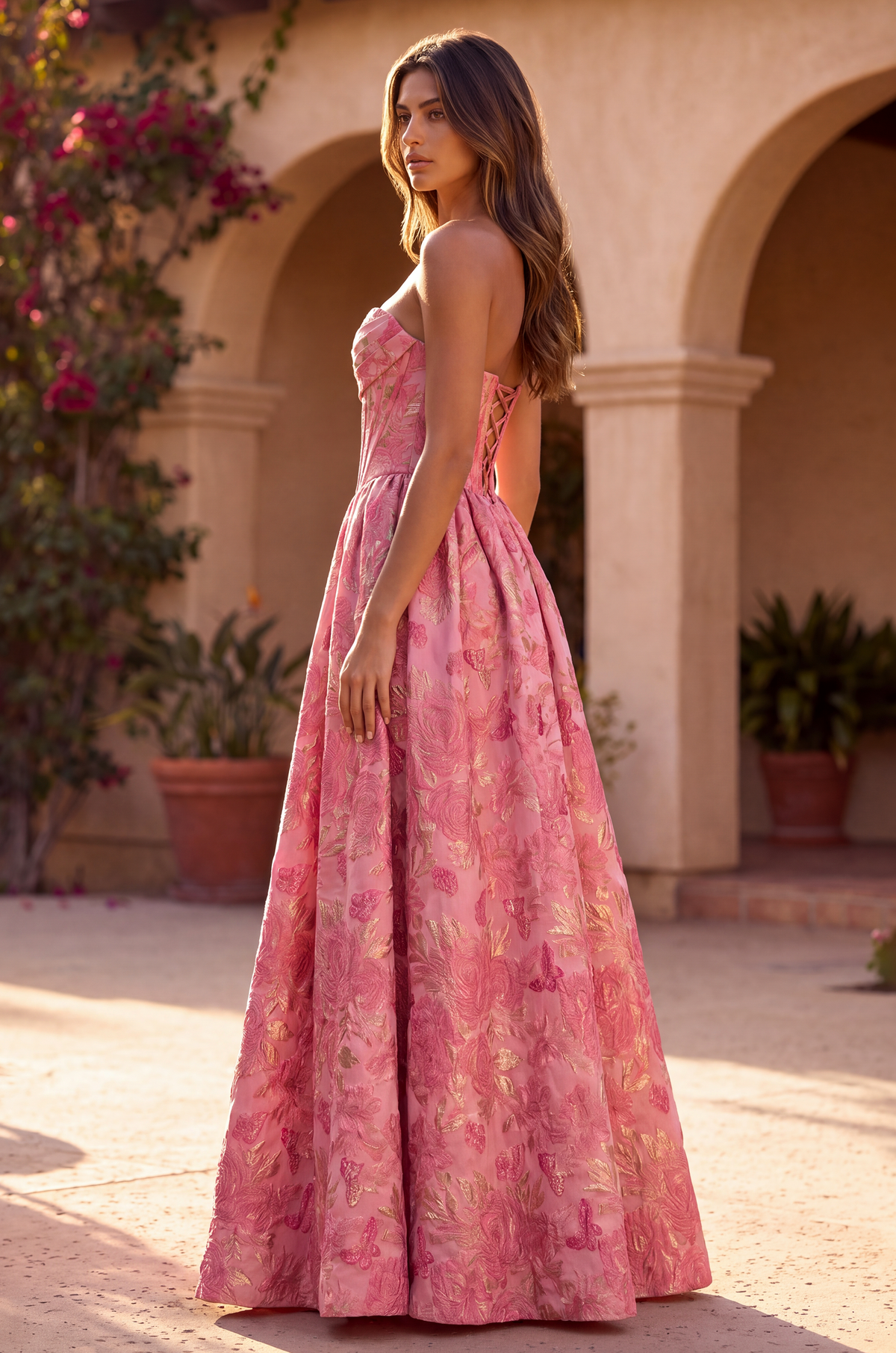 A Line Corset Jacquard Floral Dress with Metallic Accent – Rose
