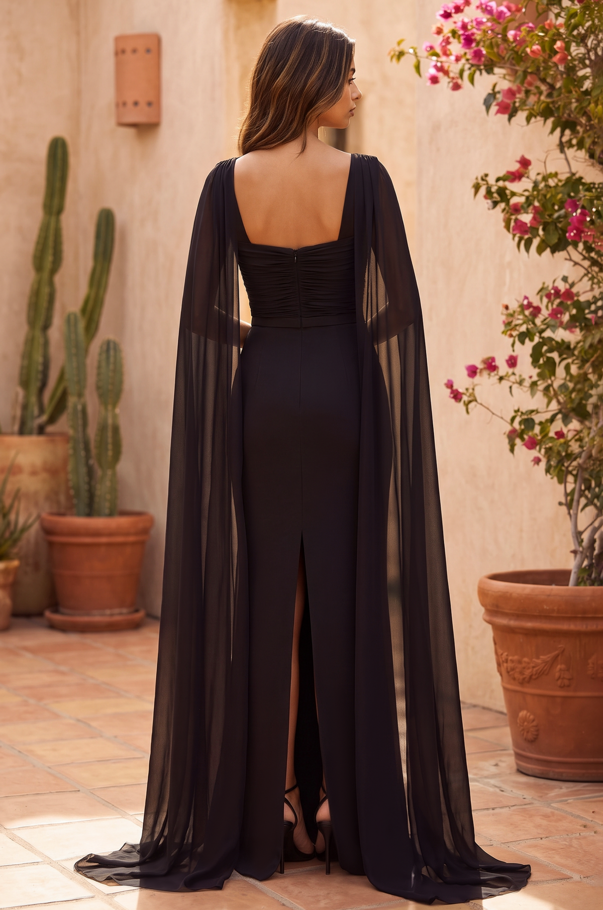 Long Modest Formal Cape Sleeve Evening Dress – Black