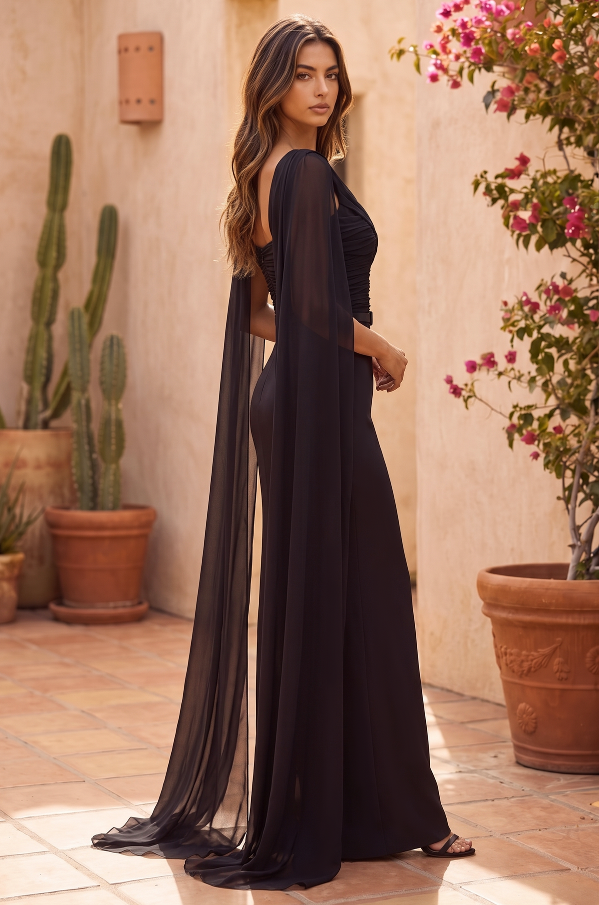 Long Modest Formal Cape Sleeve Evening Dress – Black