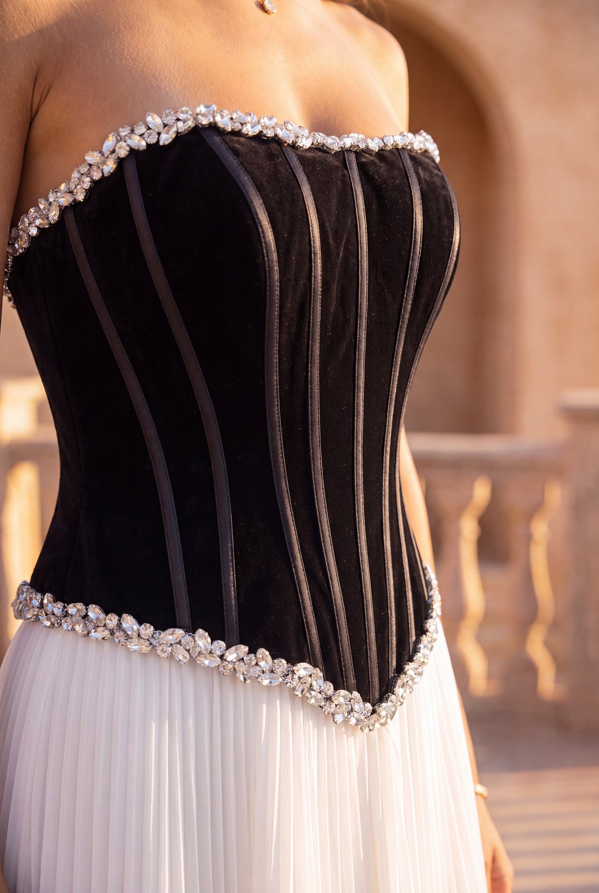 Pleated Velvet Long Formal Corset Dress – Black/White