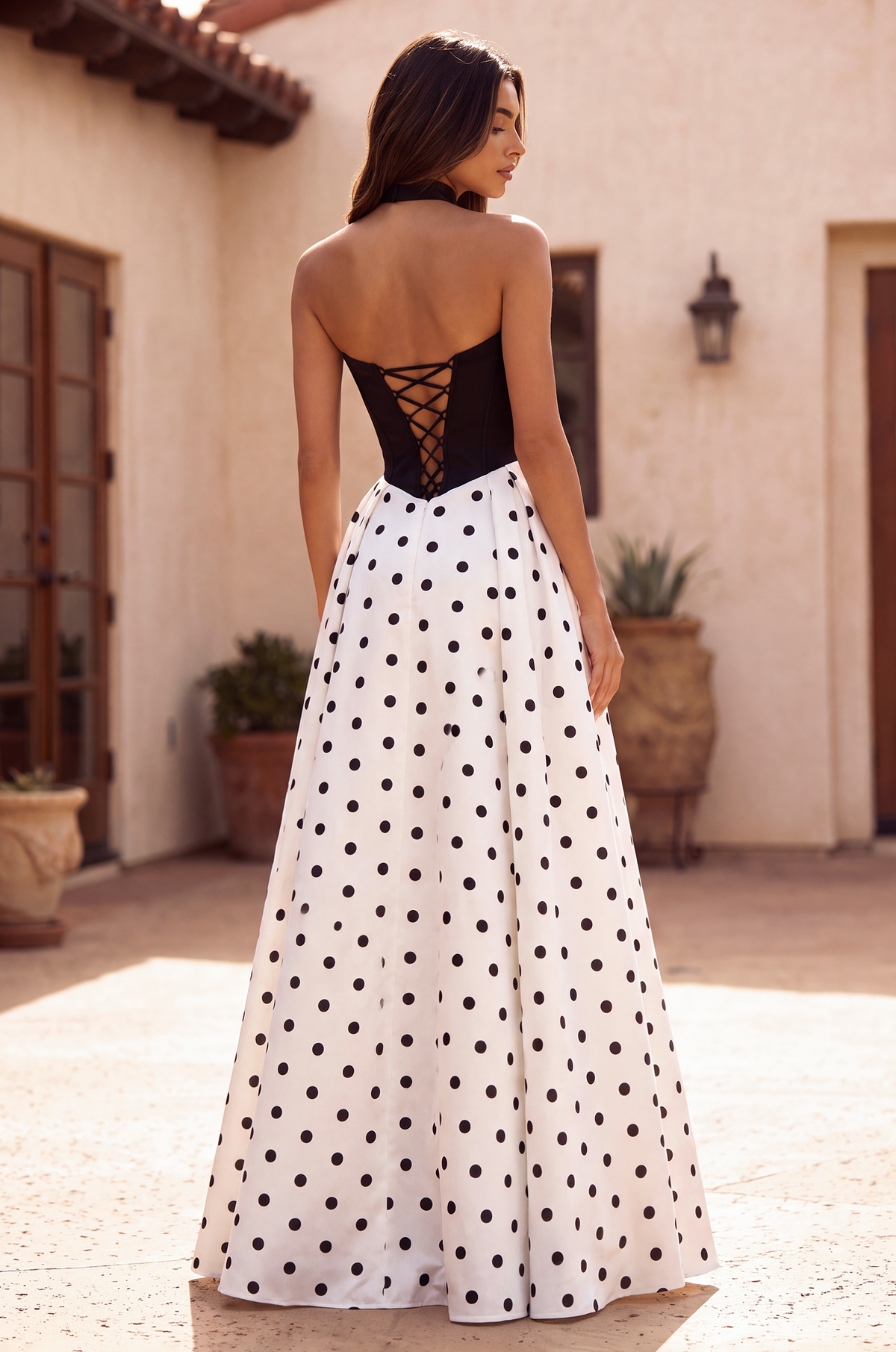 Long Sweetheart Polka Dot Prom Dress – Black/White