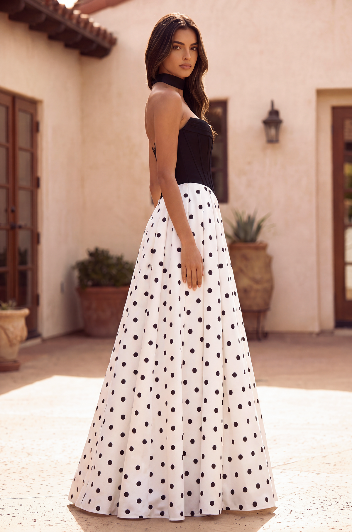 Long Sweetheart Polka Dot Prom Dress – Black/White