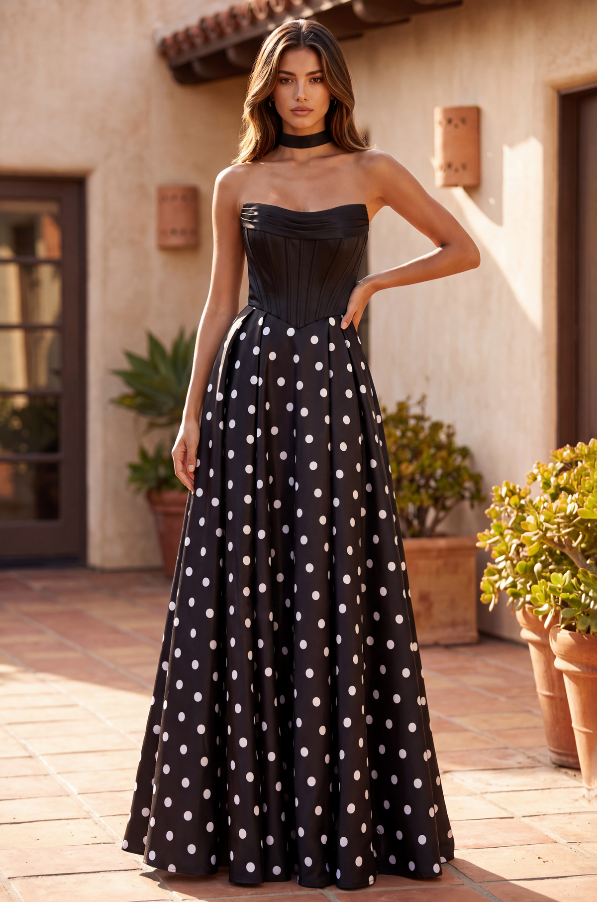 Long Sweetheart Polka Dot Prom Dress – Black