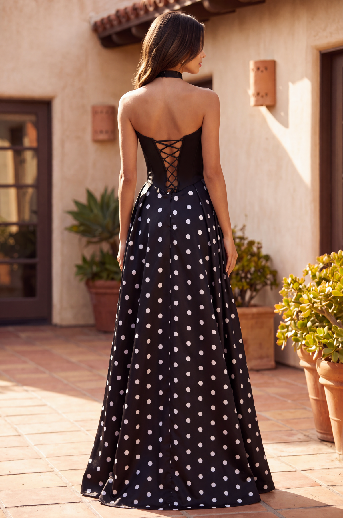 Long Sweetheart Polka Dot Prom Dress – Black