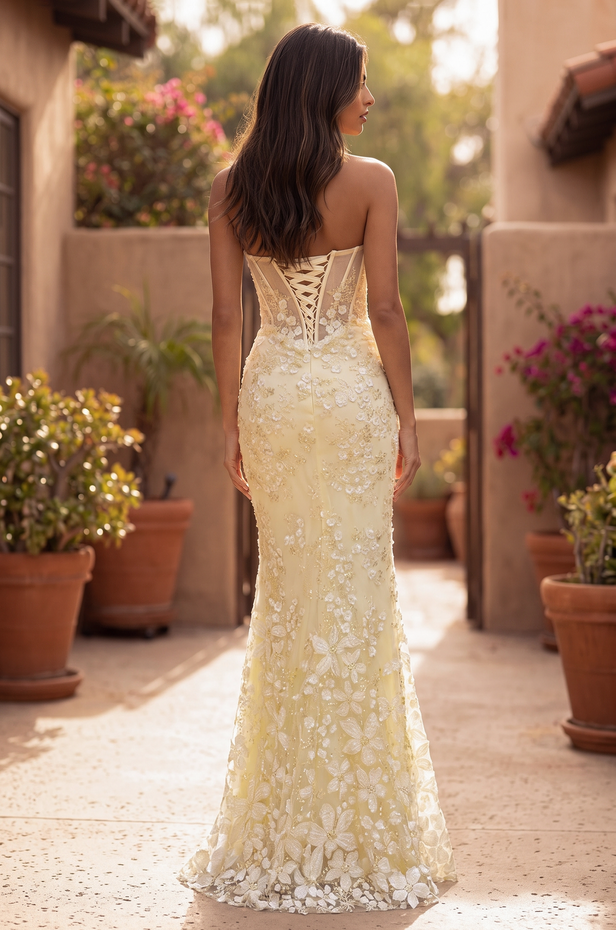 Prom Strapless Floral Beaded Corset Formal Dress – Yellow