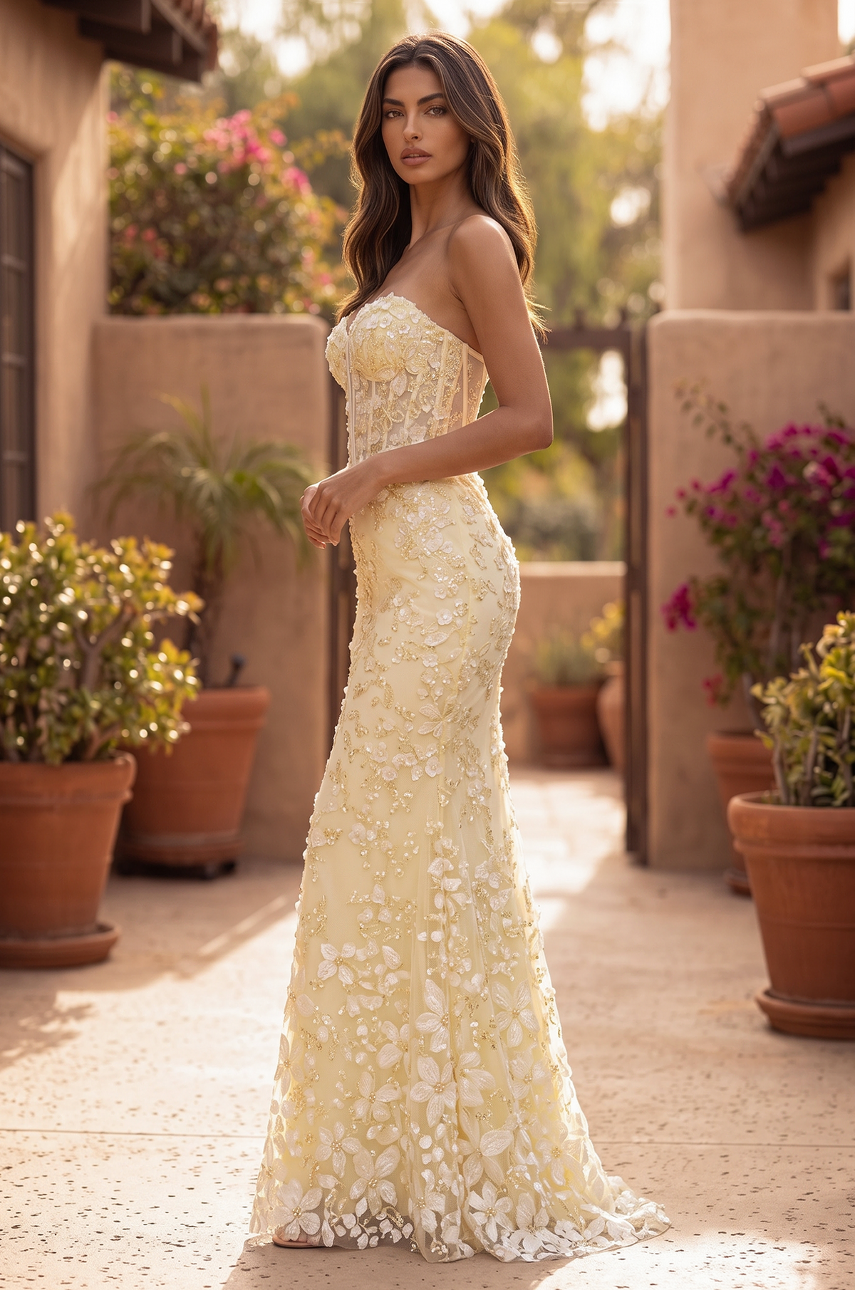 Prom Strapless Floral Beaded Corset Formal Dress – Yellow