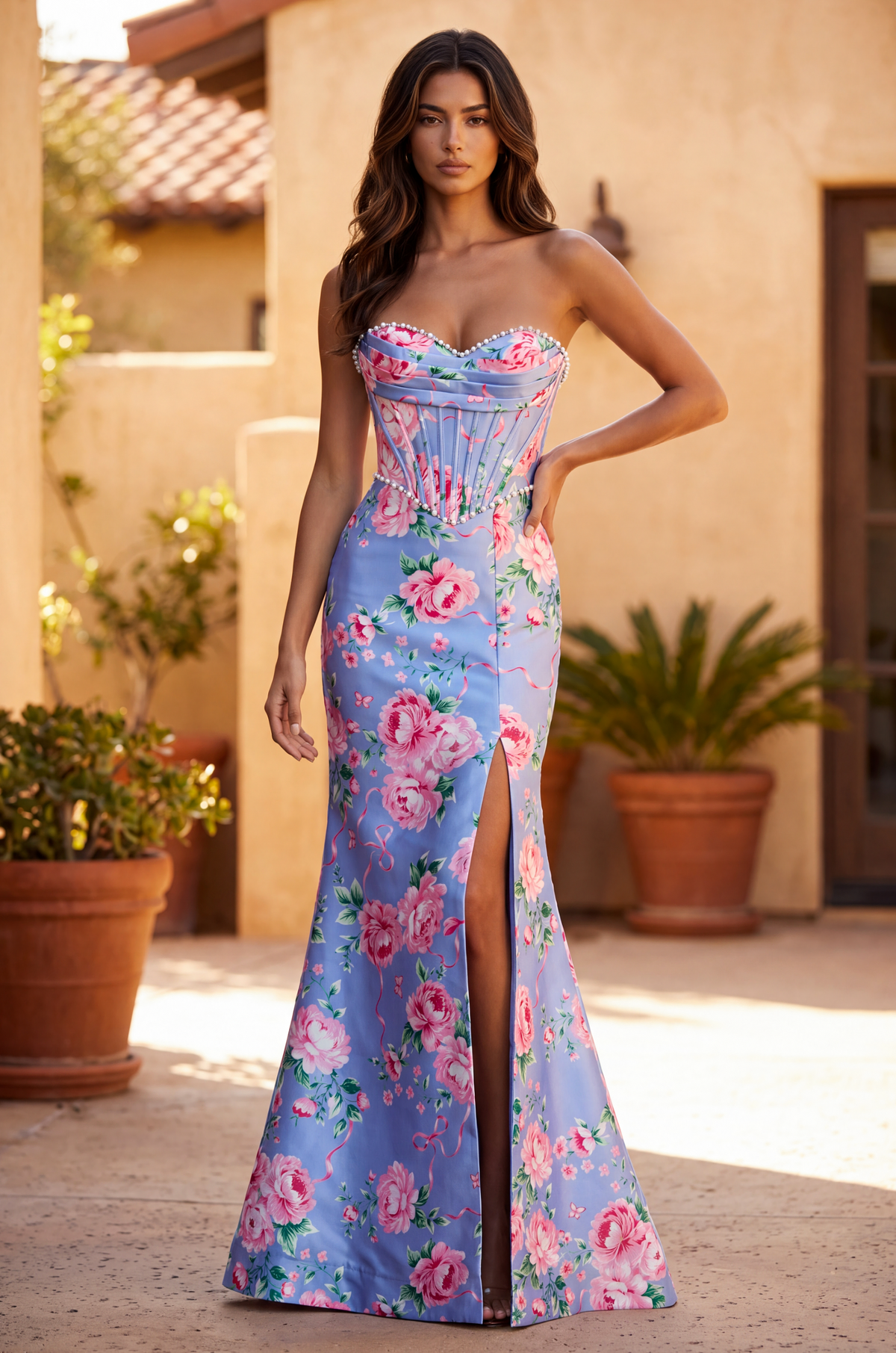 Formal Floral Satin Corset Prom Dress – Blue