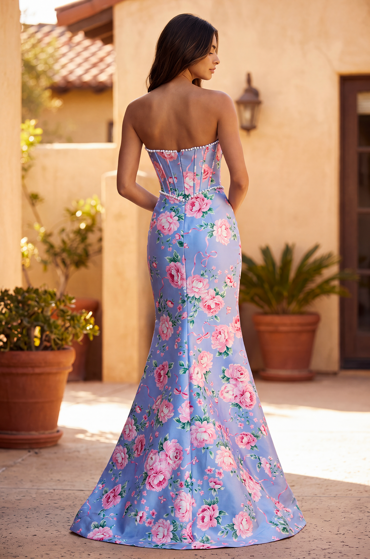 Formal Floral Satin Corset Prom Dress – Blue