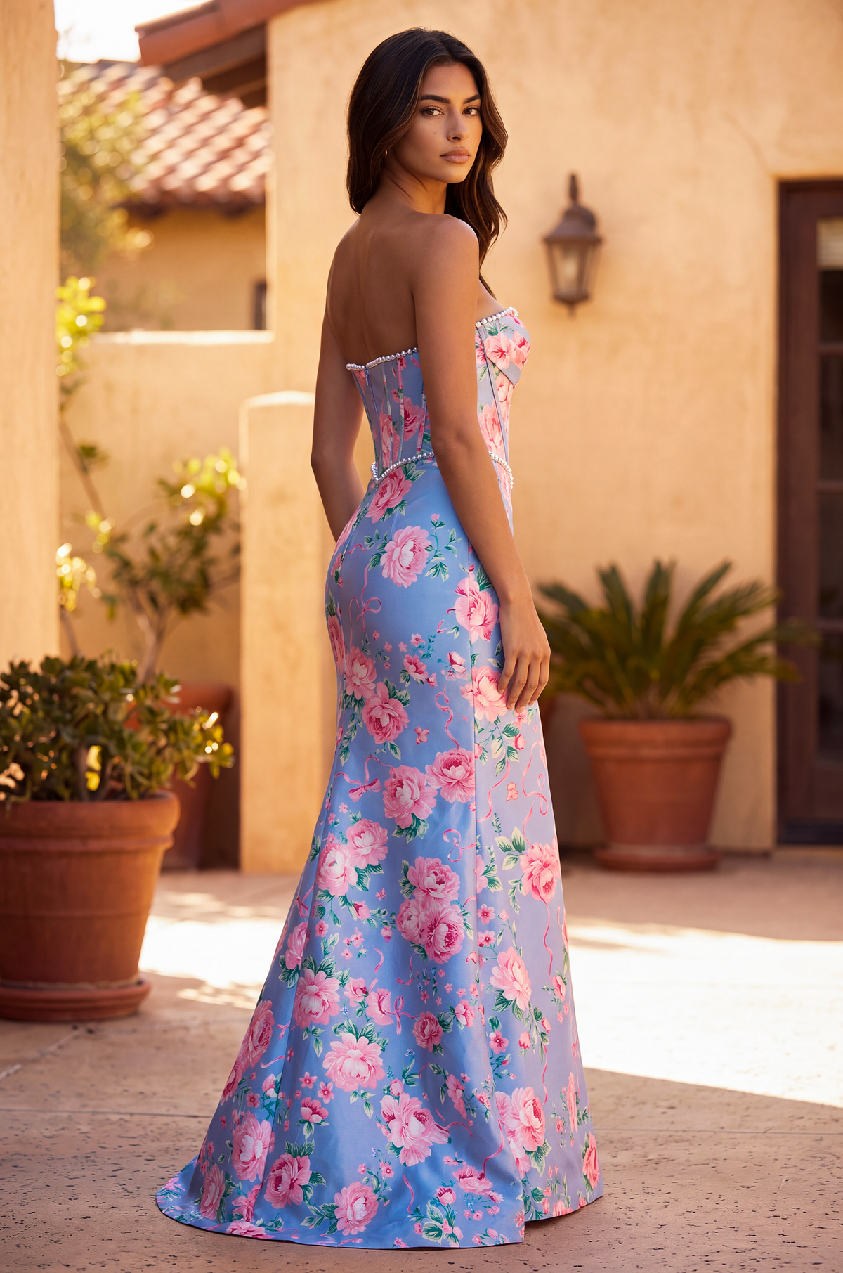 Formal Floral Satin Corset Prom Dress – Blue