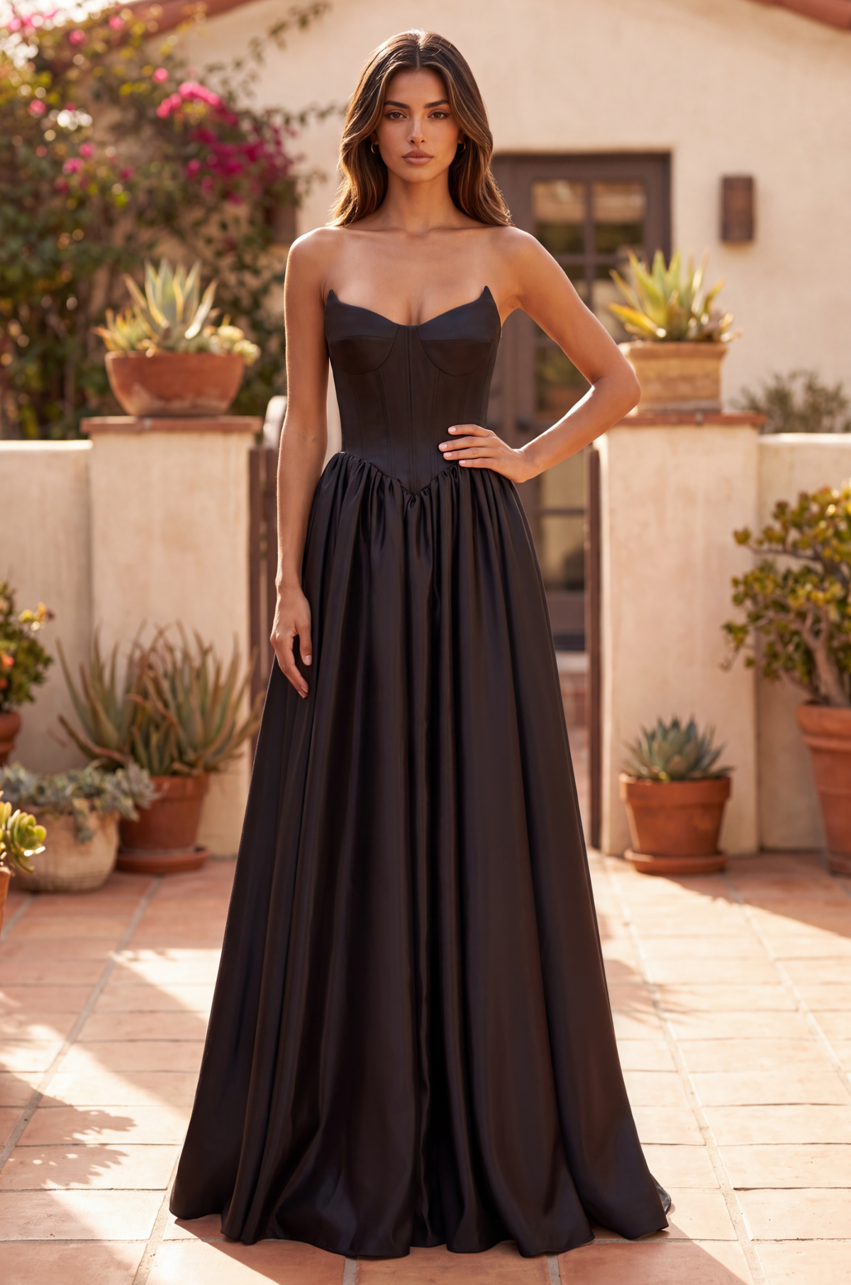 Full Skirt Satin Formal Gown with Drop Waist Corset Top and Pockets – Red