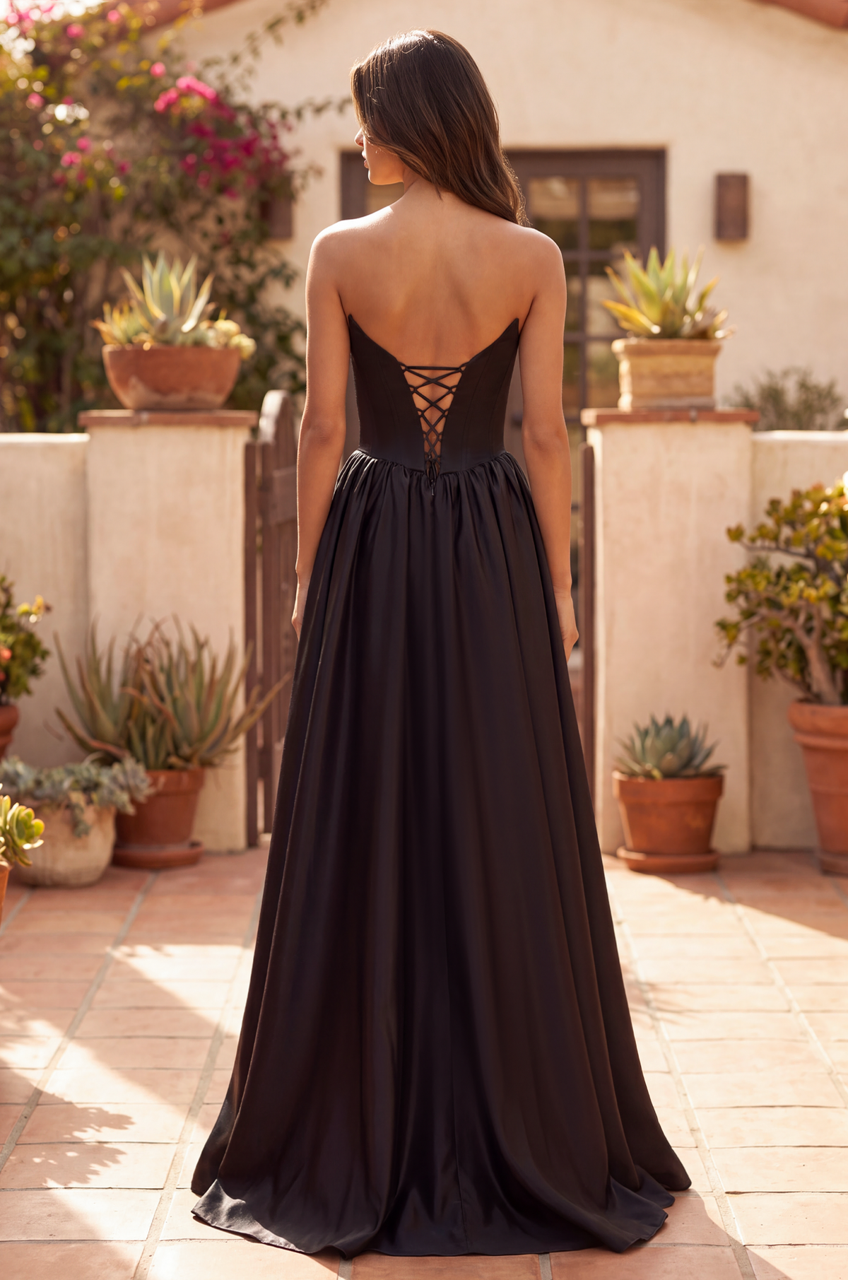 Full Skirt Satin Formal Gown with Drop Waist Corset Top and Pockets – Black