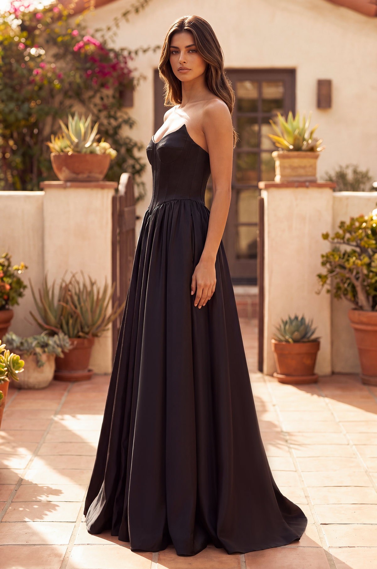 Full Skirt Satin Formal Gown with Drop Waist Corset Top and Pockets – Black