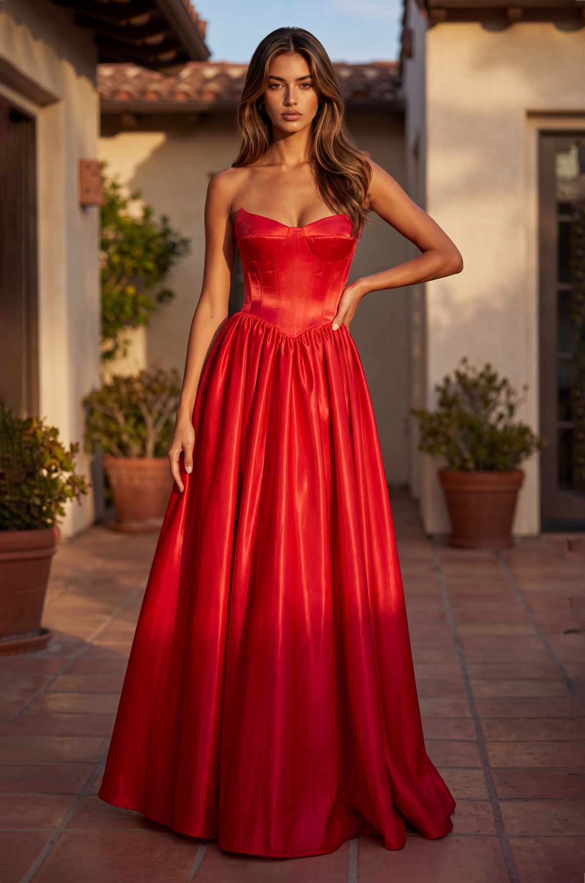 Full Skirt Satin Formal Gown with Drop Waist Corset Top and Pockets – Red