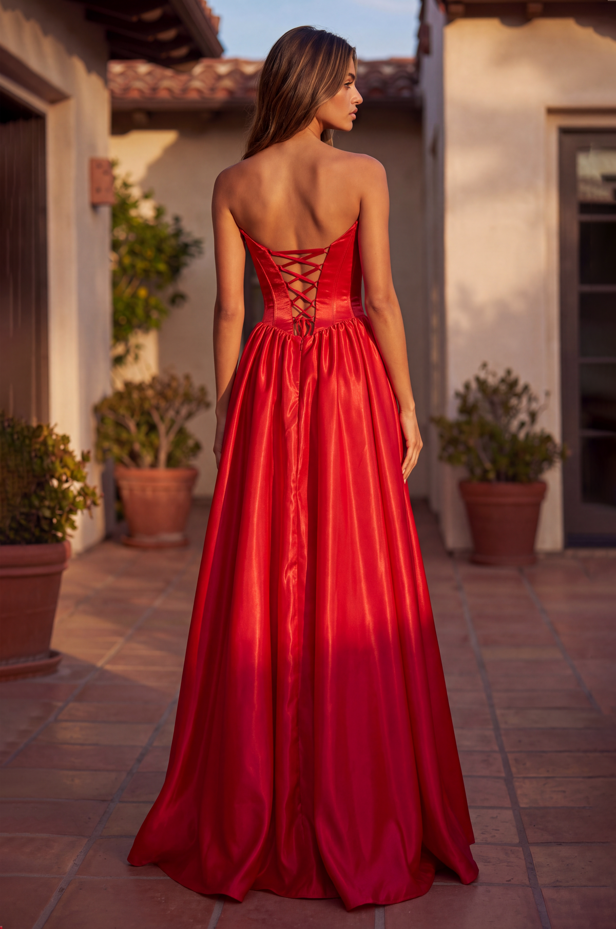 Full Skirt Satin Formal Gown with Drop Waist Corset Top and Pockets – Red