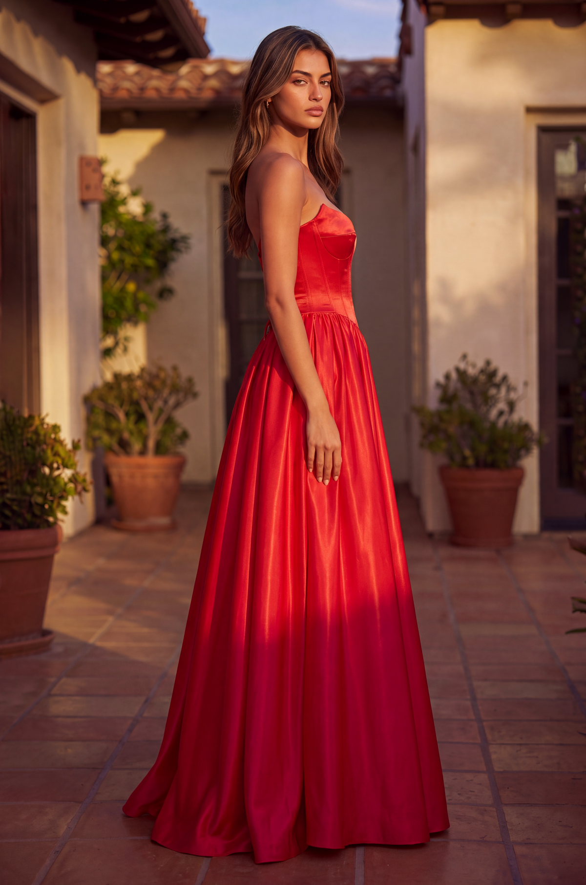 Full Skirt Satin Formal Gown with Drop Waist Corset Top and Pockets – Red