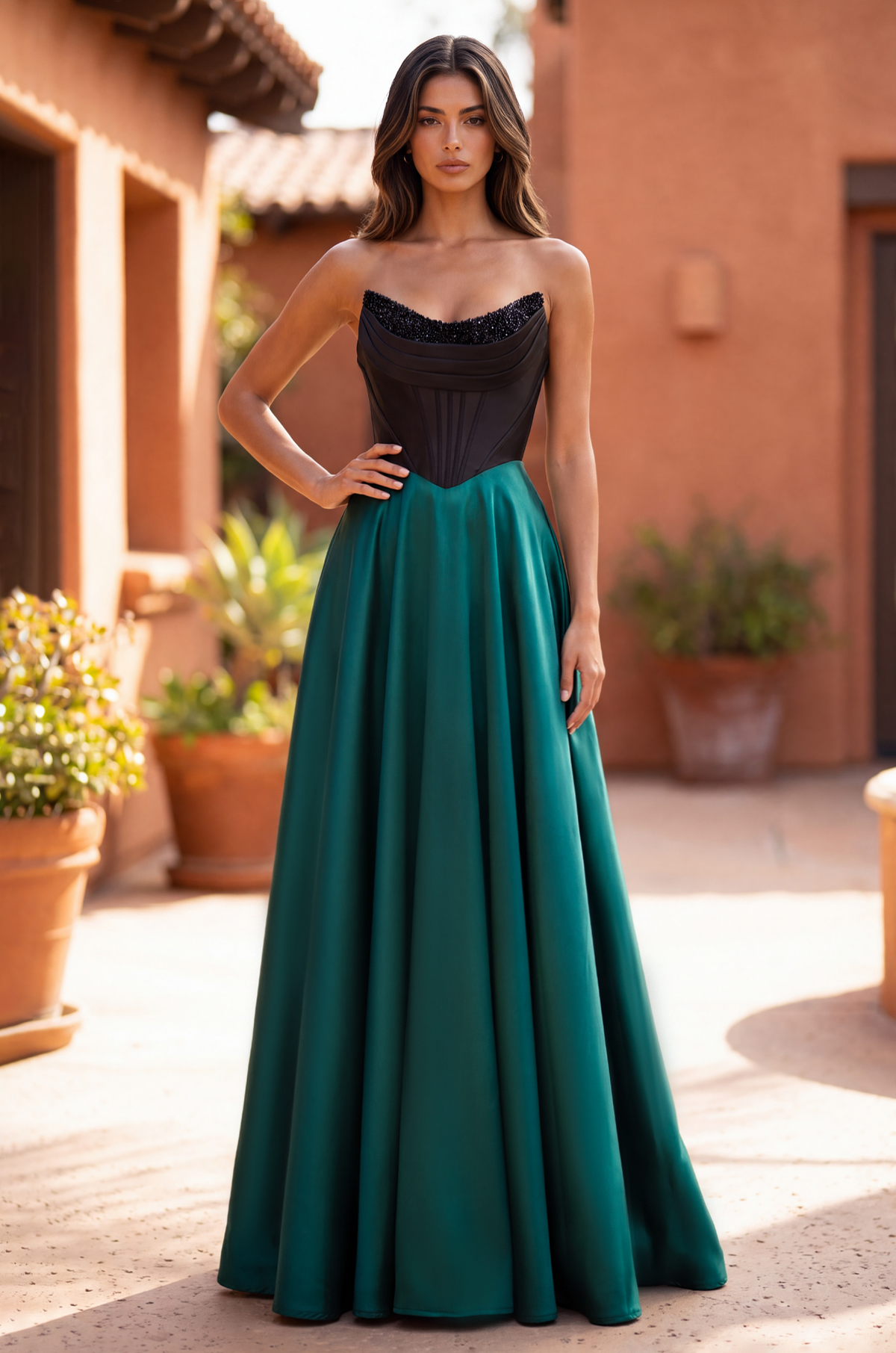 Formal A Line Satin Beaded Corset Evening Gown – Black/Emerald
