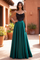Formal A Line Satin Beaded Corset Evening Gown – Black/Emerald