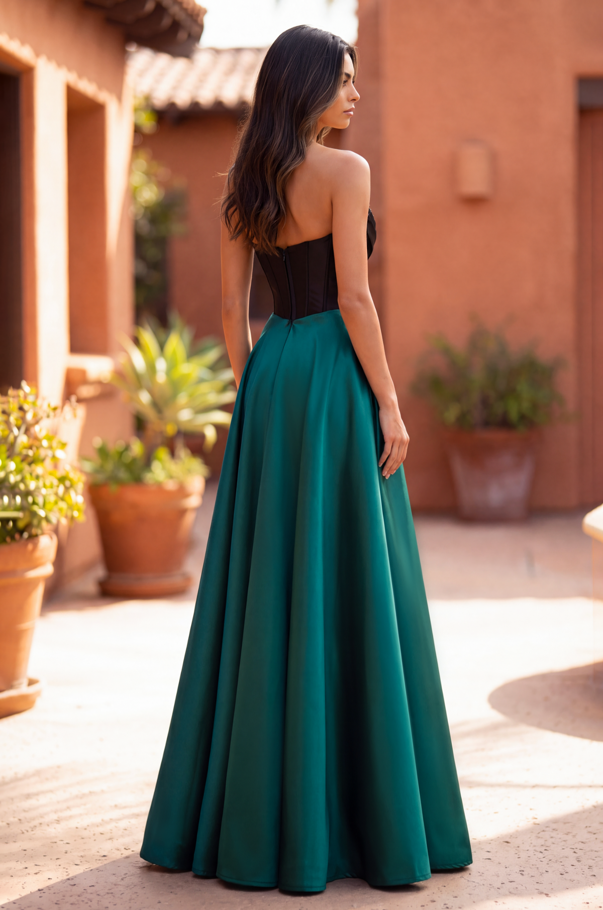 Formal A Line Satin Beaded Corset Evening Gown – Black/Emerald
