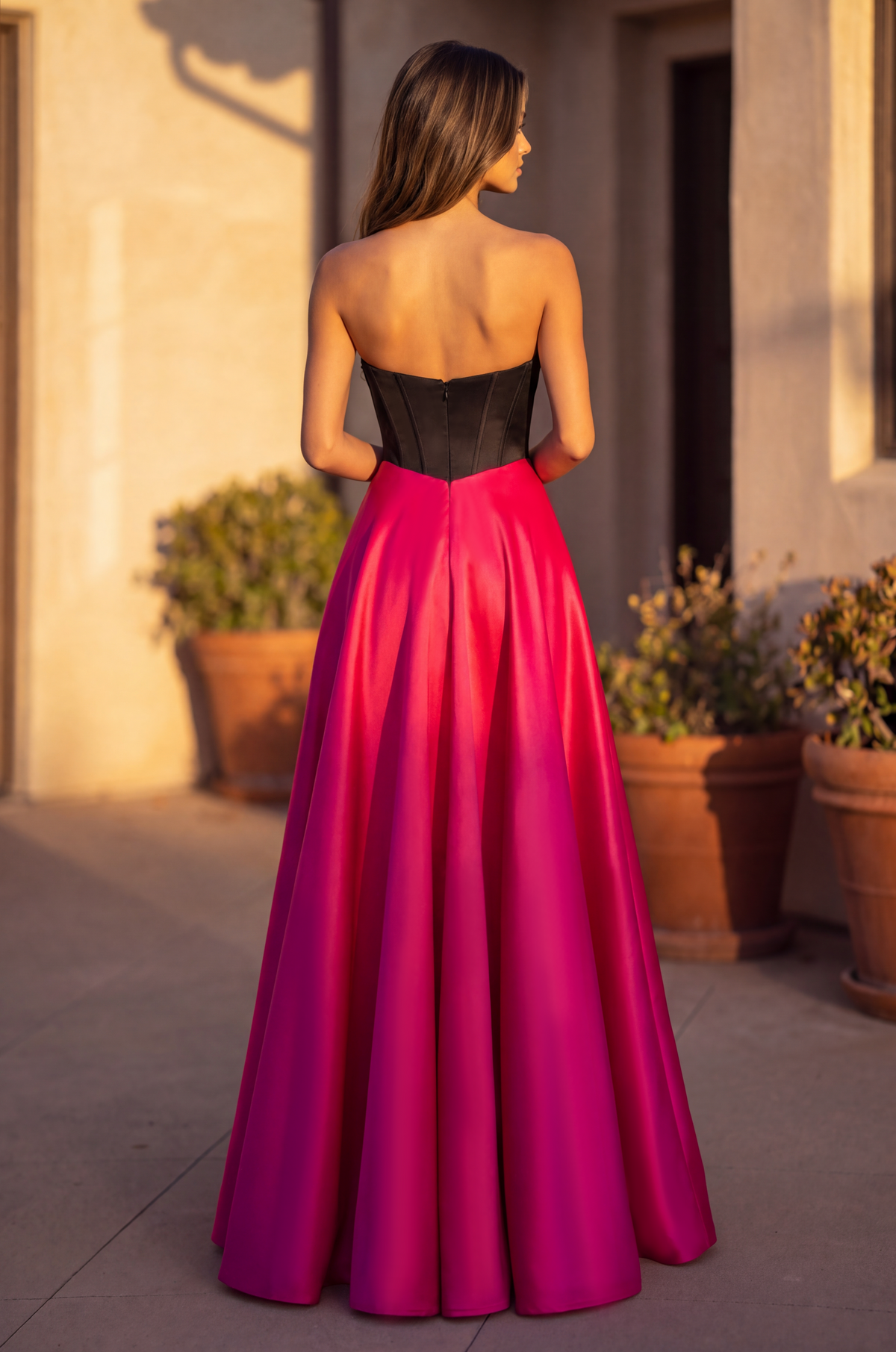 Formal A Line Satin Beaded Corset Evening Gown – Black/Fuchsia