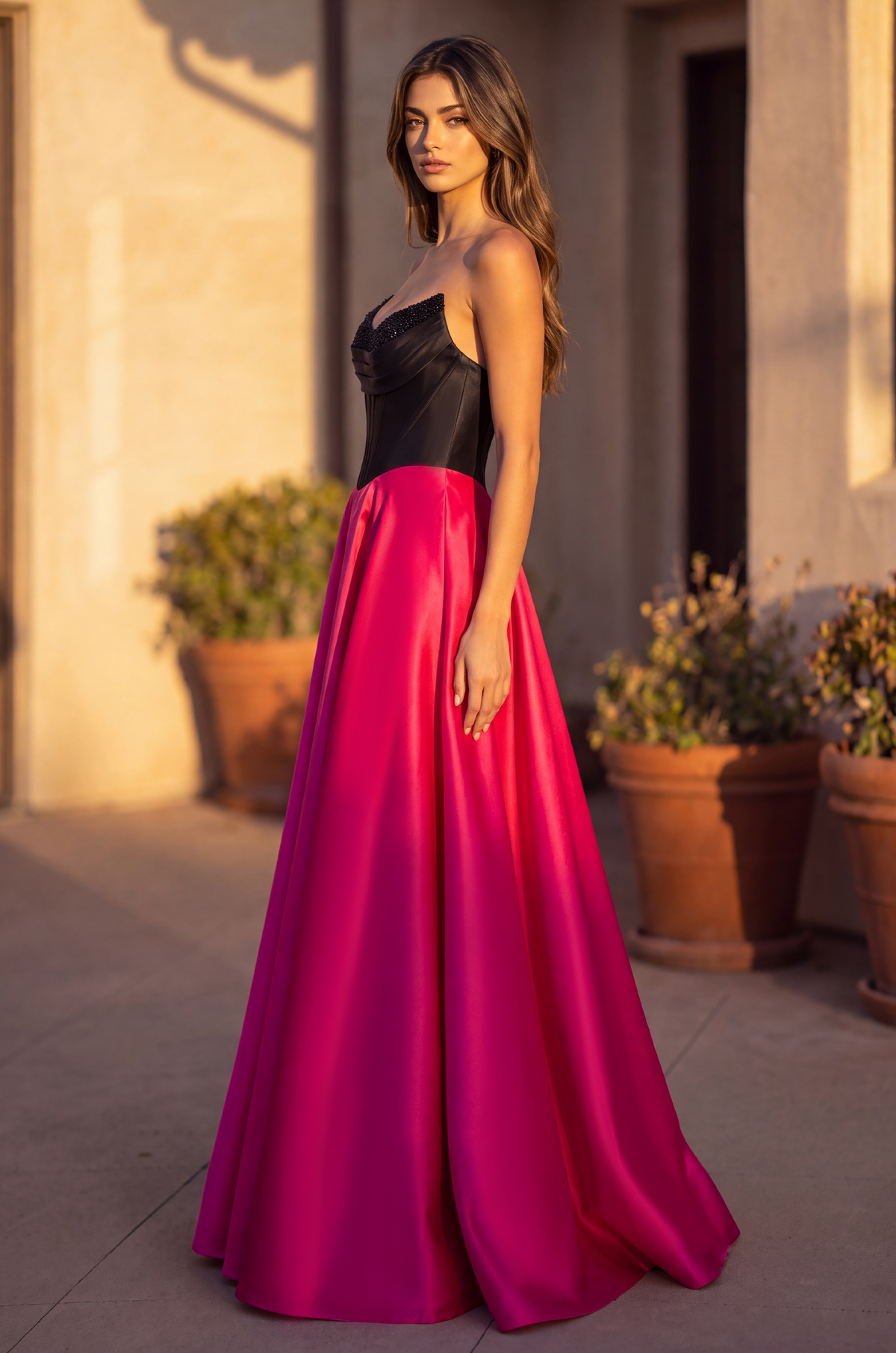 Formal A Line Satin Beaded Corset Evening Gown – Black/Fuchsia