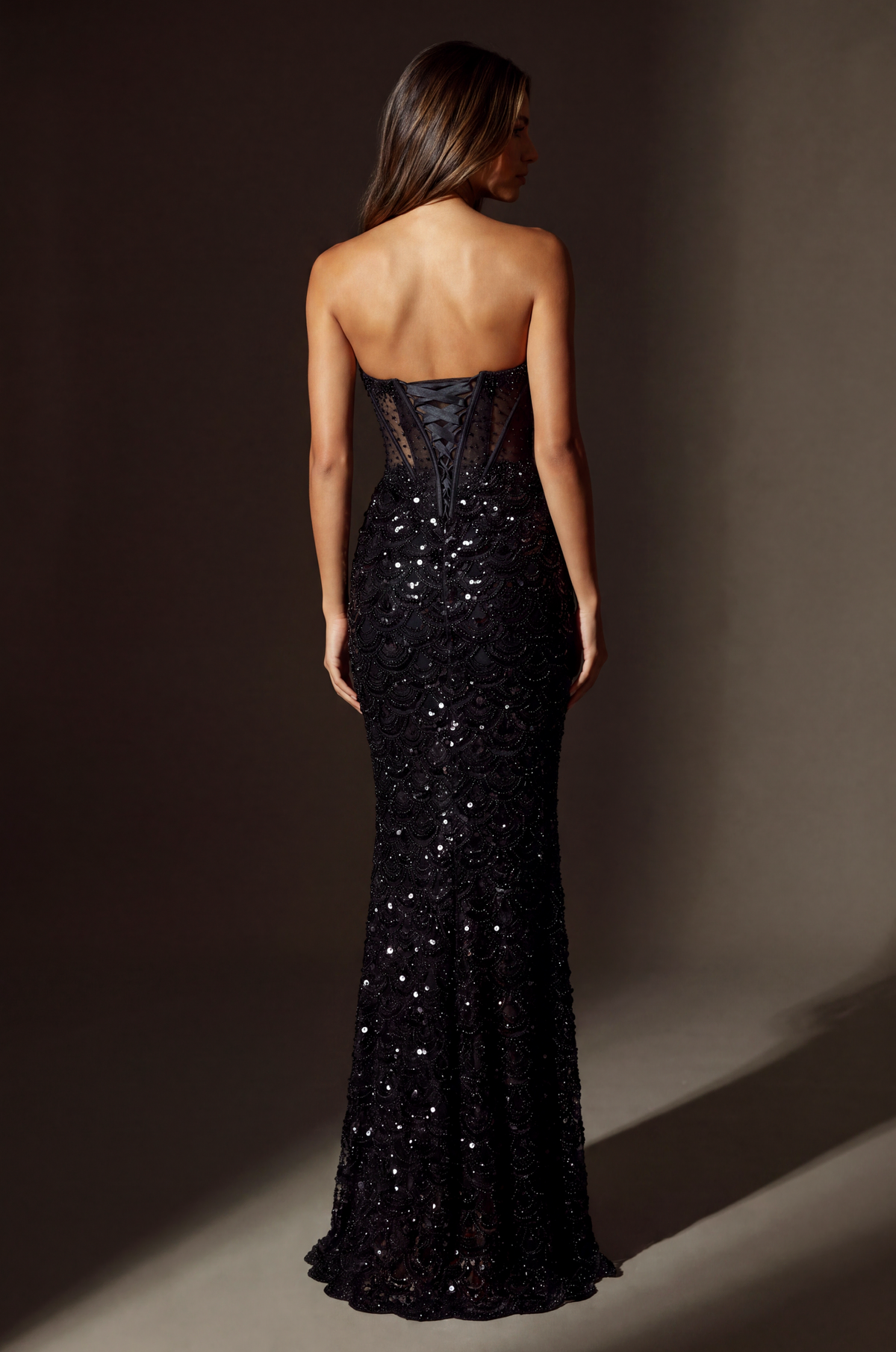 Formal Sequined Beaded Corset Evening Gown – Black