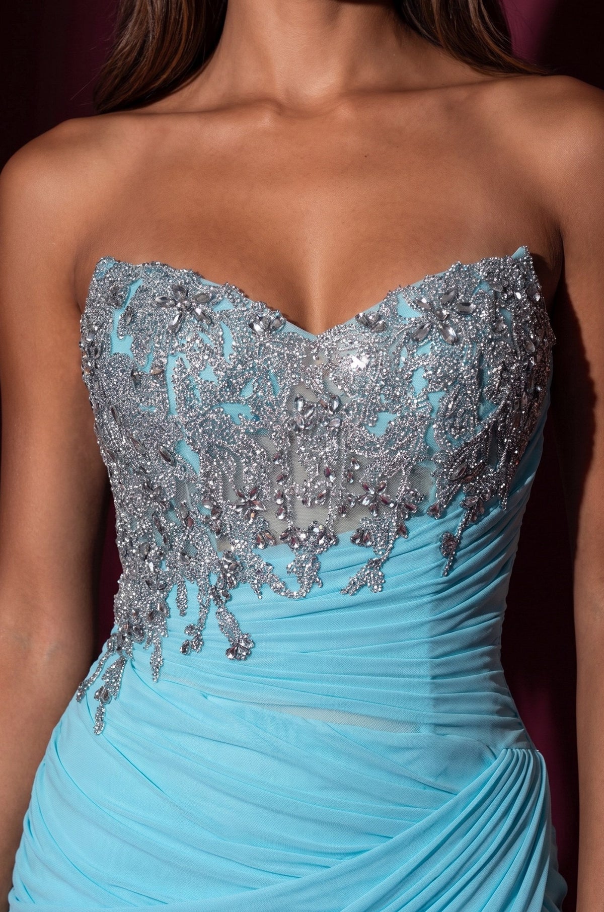 Prom Strapless Beaded Bodice Ruched Formal Dress – Periwinkle