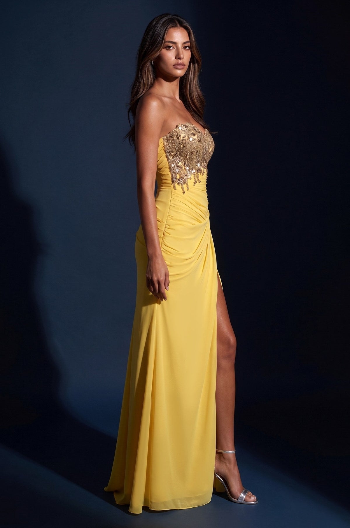 Prom Strapless Beaded Bodice Ruched Formal Dress – Yellow