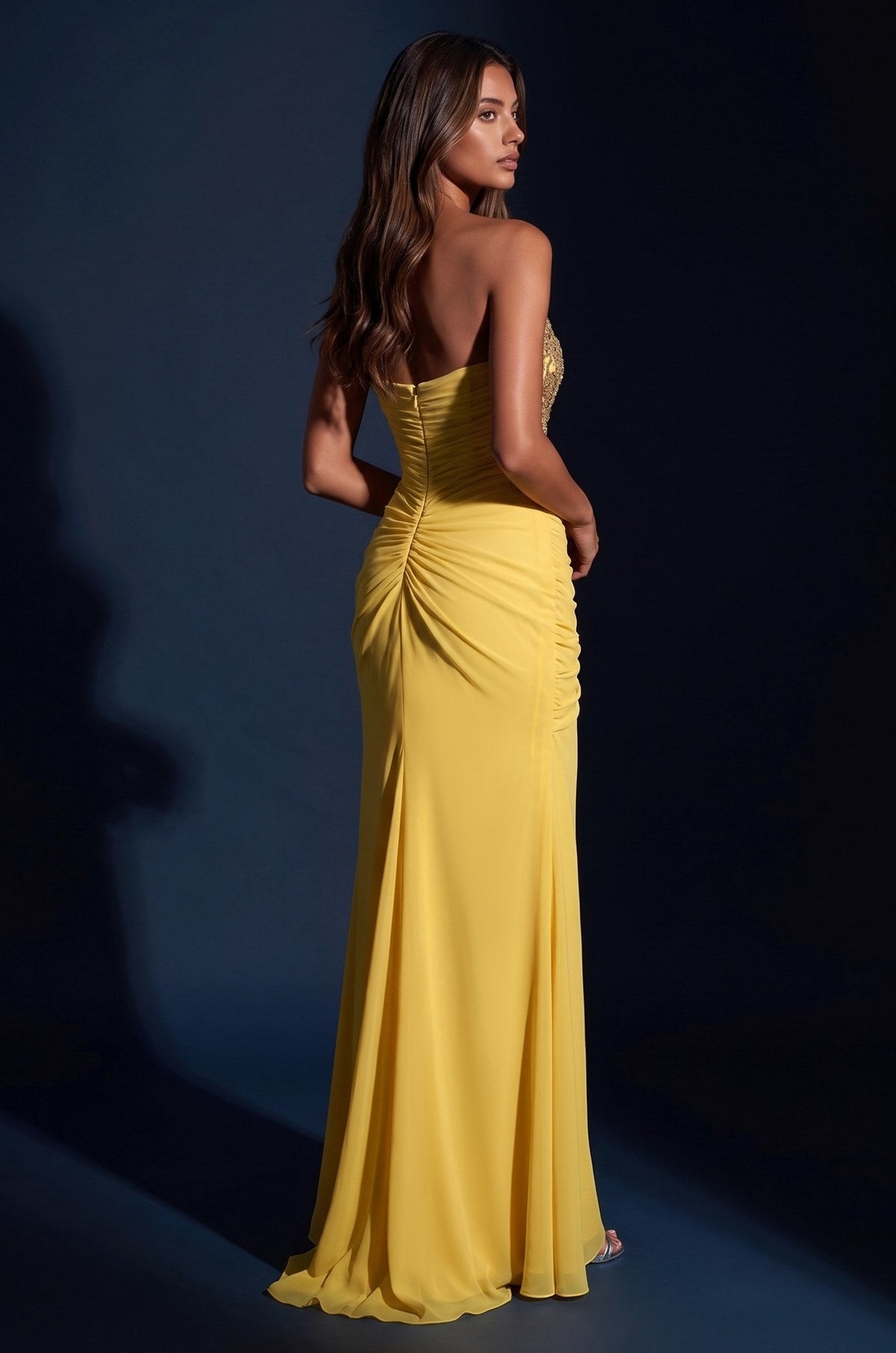 Prom Strapless Beaded Bodice Ruched Formal Dress – Yellow