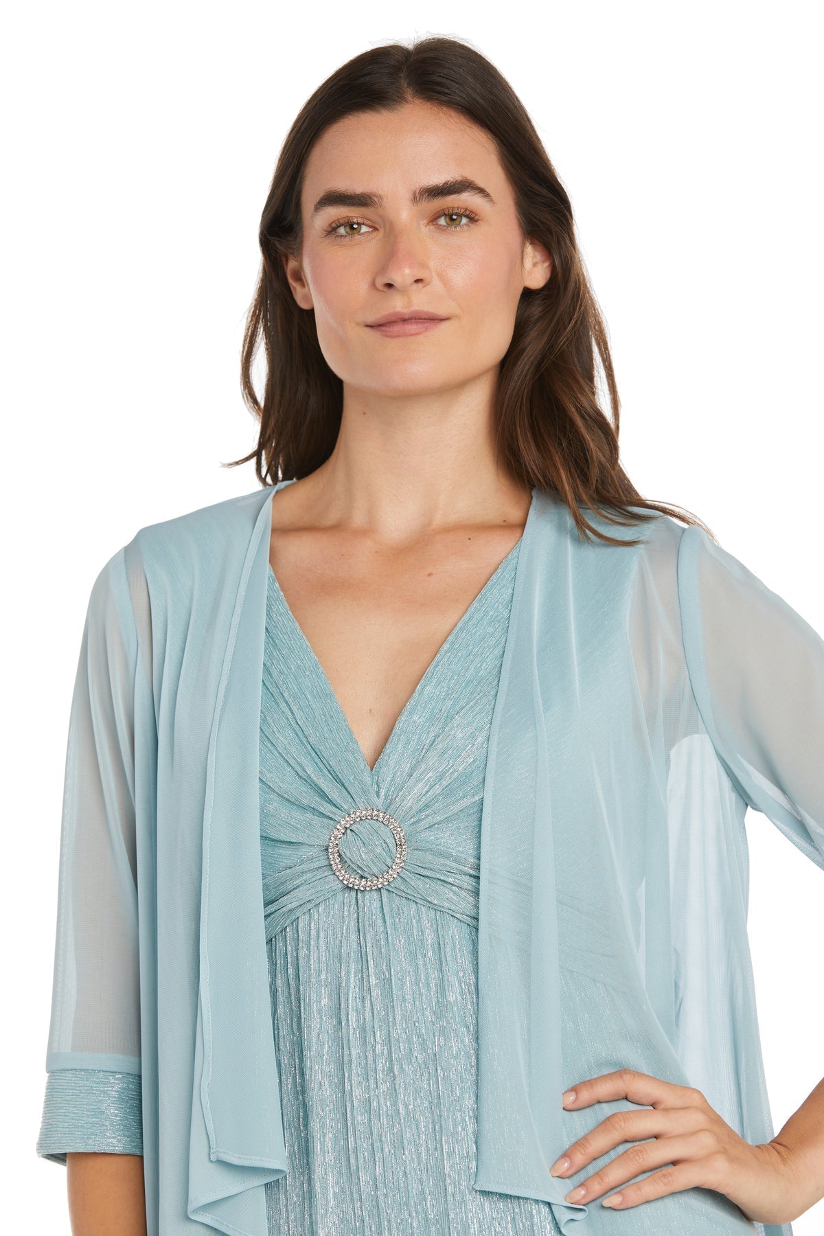 Formal Dresses Formal Long Metallic Evening Cape Dress Seafoam