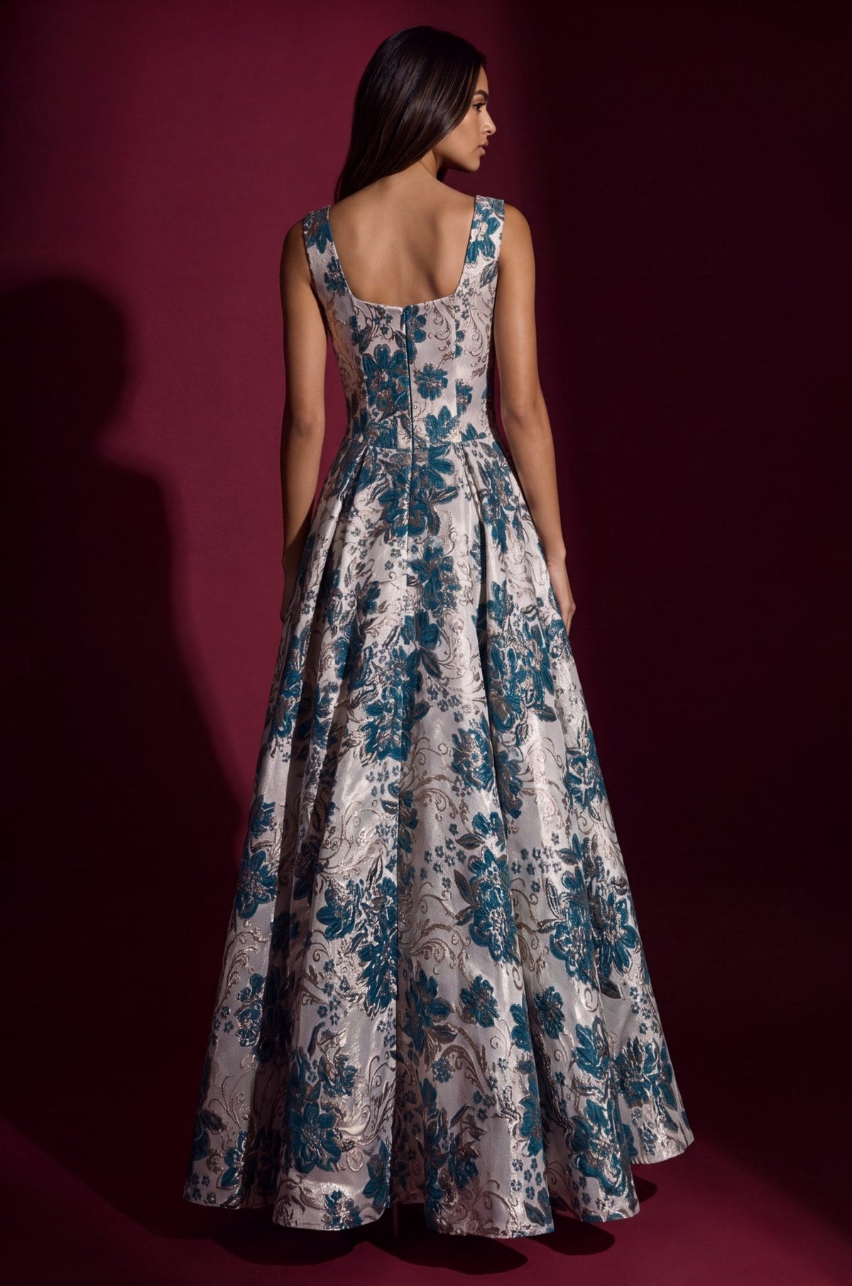 Square Neck Brocade Gown – Green