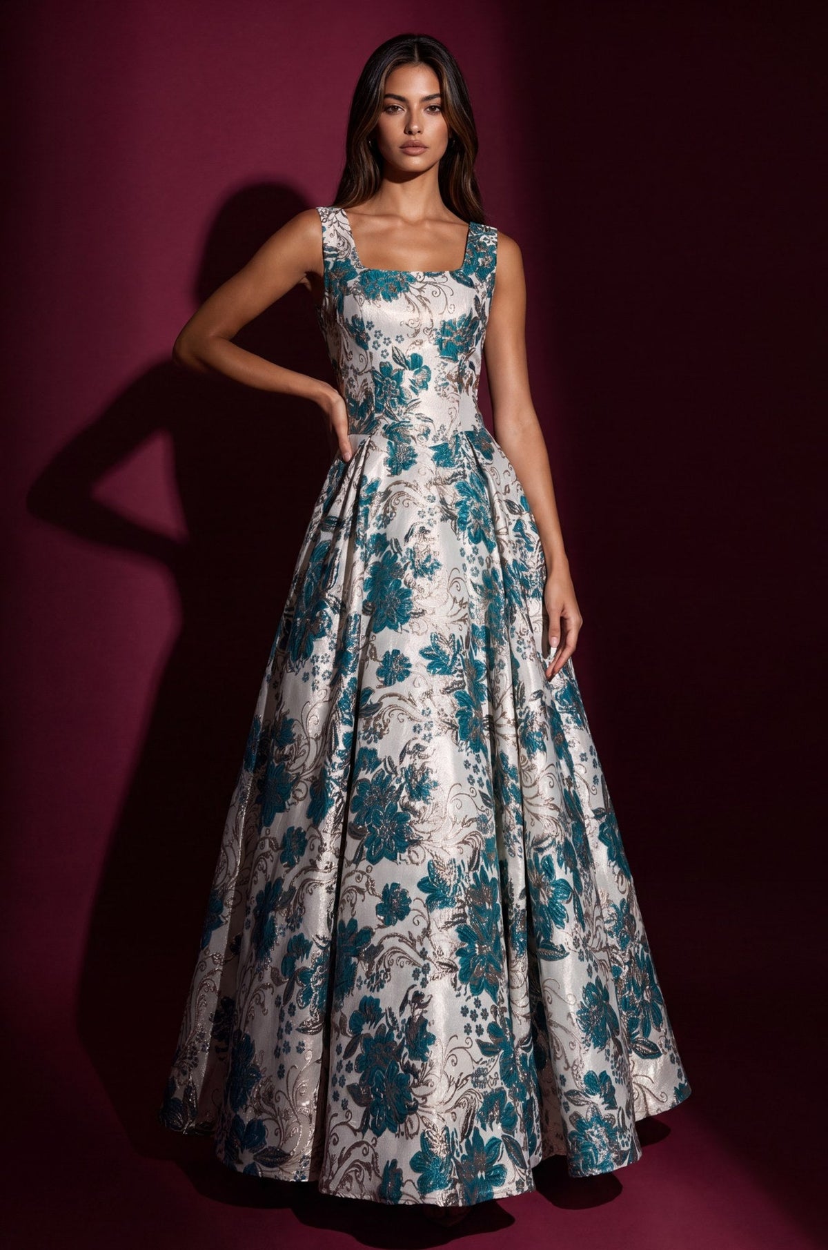 Square Neck Brocade Gown – Green