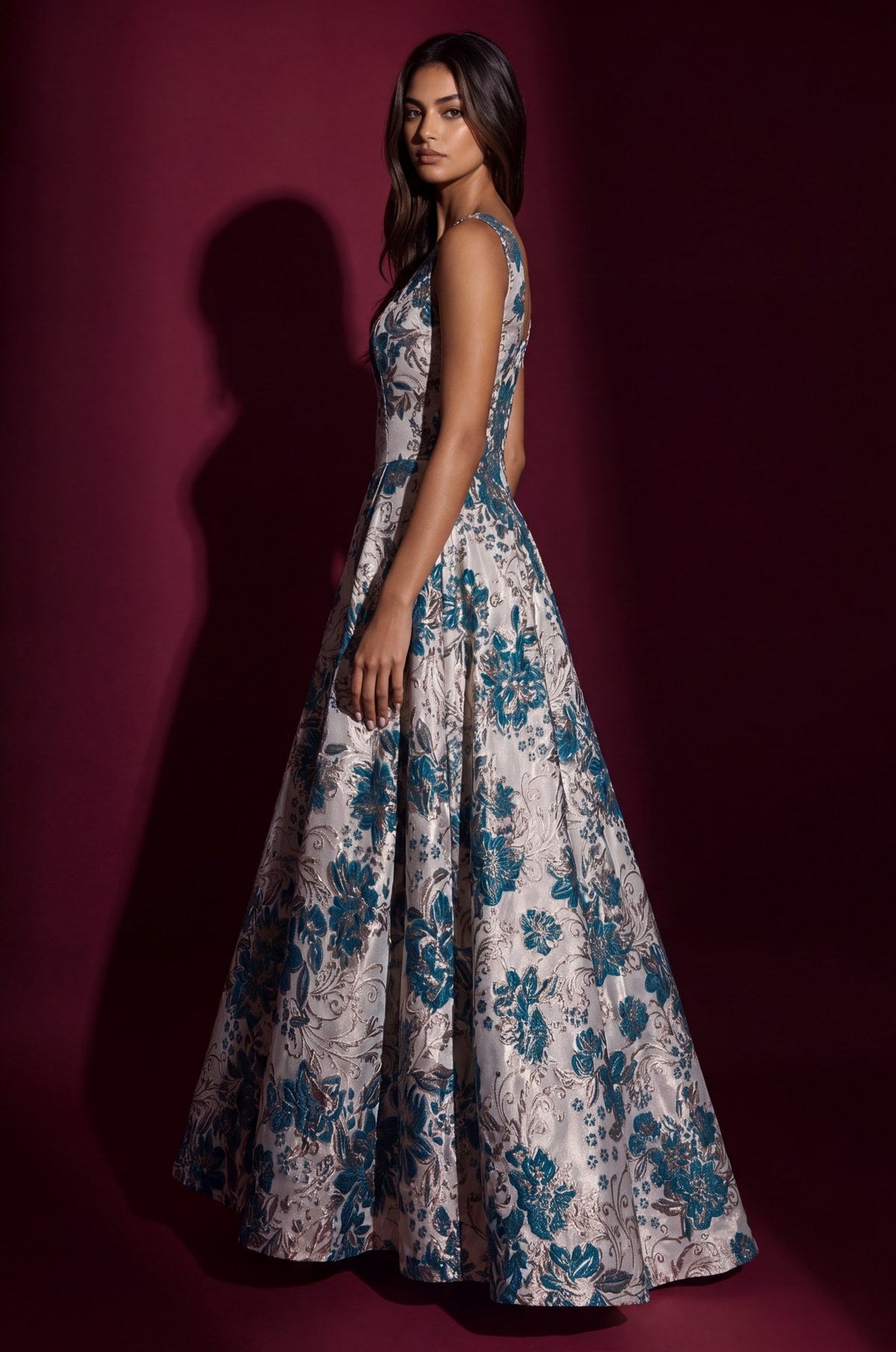 Square Neck Brocade Gown – Green