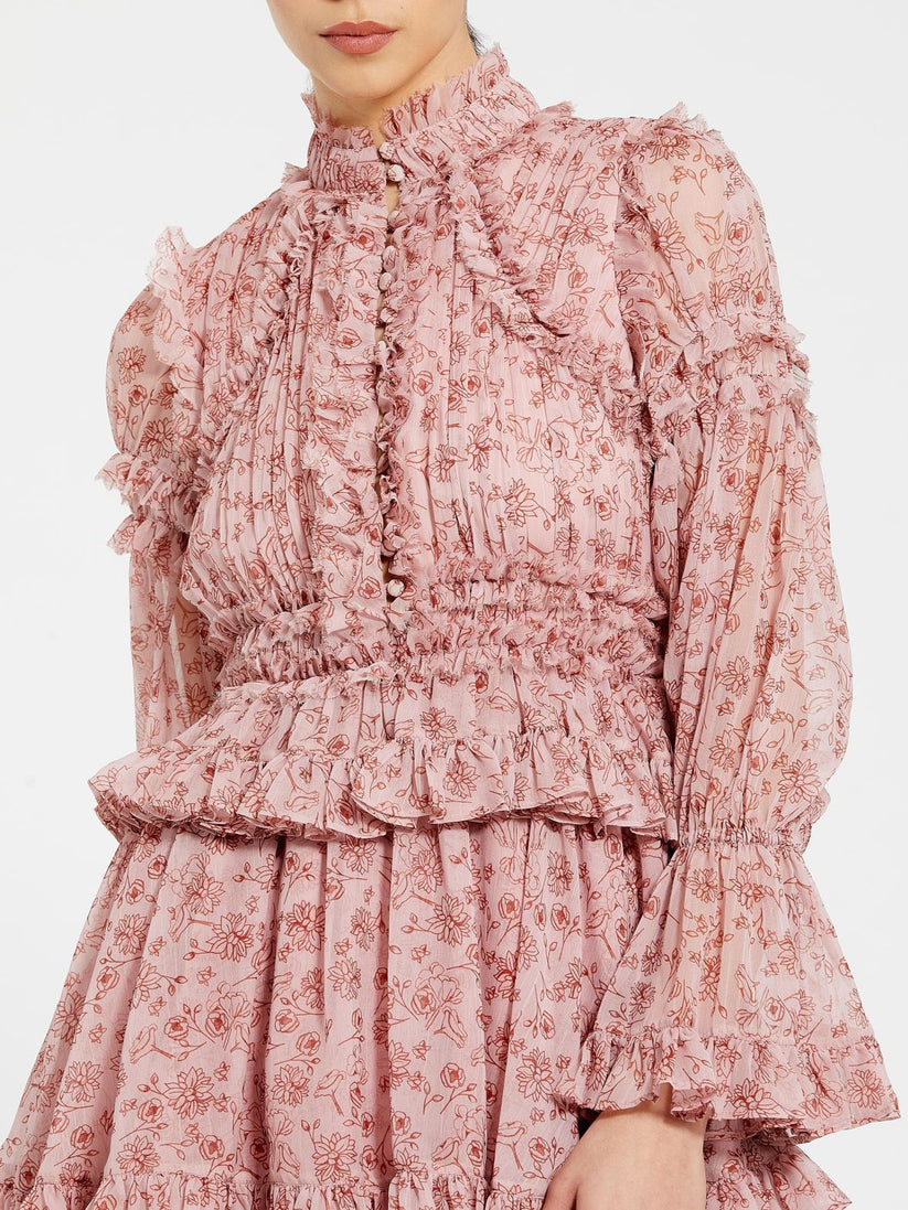 Cocktail Dresses Long Sleeve Floral Print Cocktail Mini Dress Cinnamon