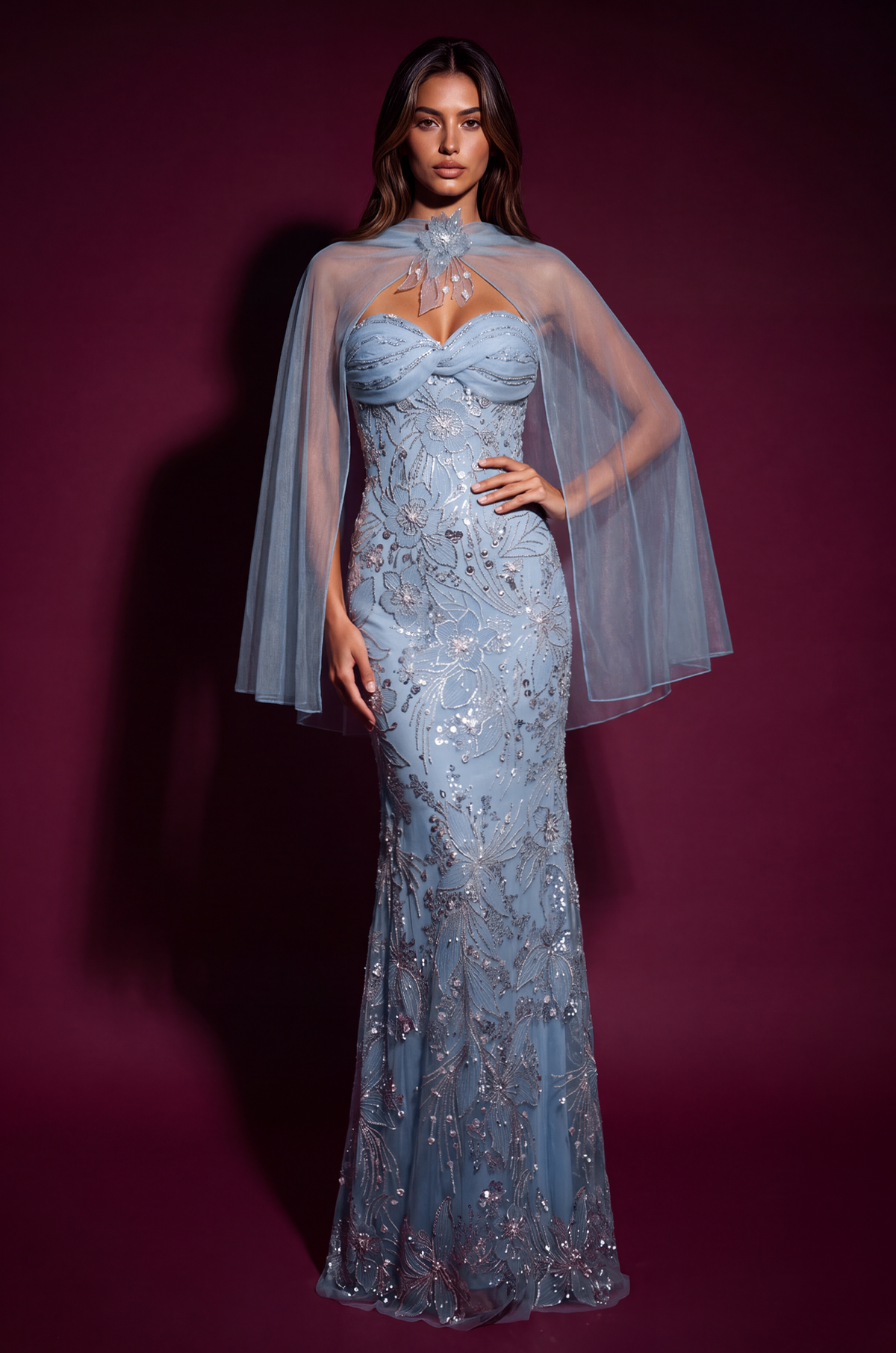 Prom Floral Sequined Couture Formal Dress – Blue