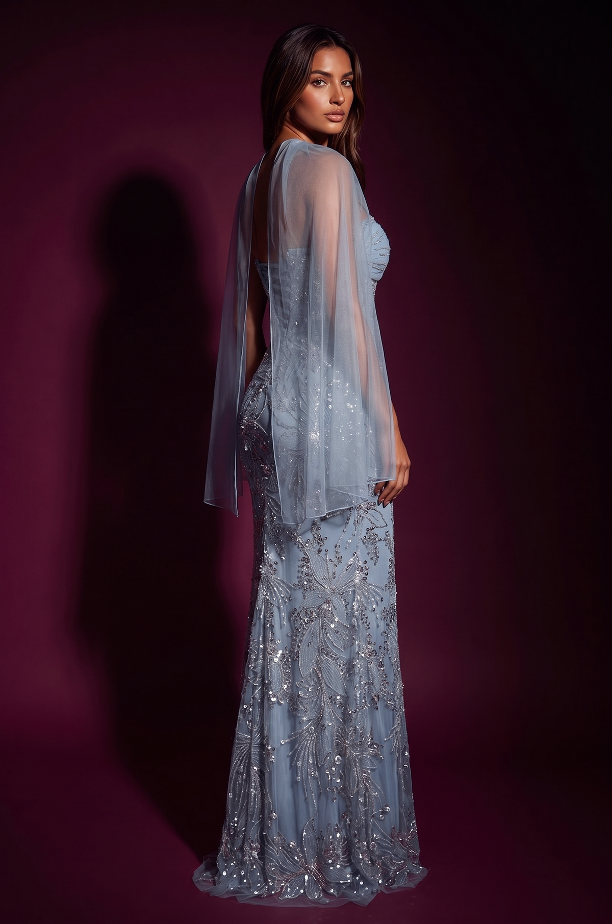 Prom Floral Sequined Couture Formal Dress – Blue