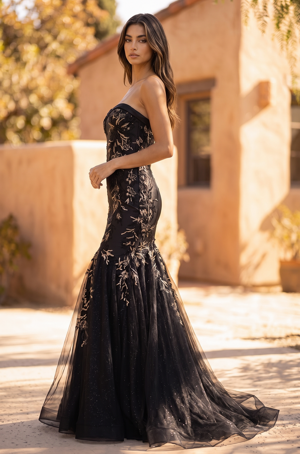 Strapless Sweetheart Embroidered Mermaid Gown – Black