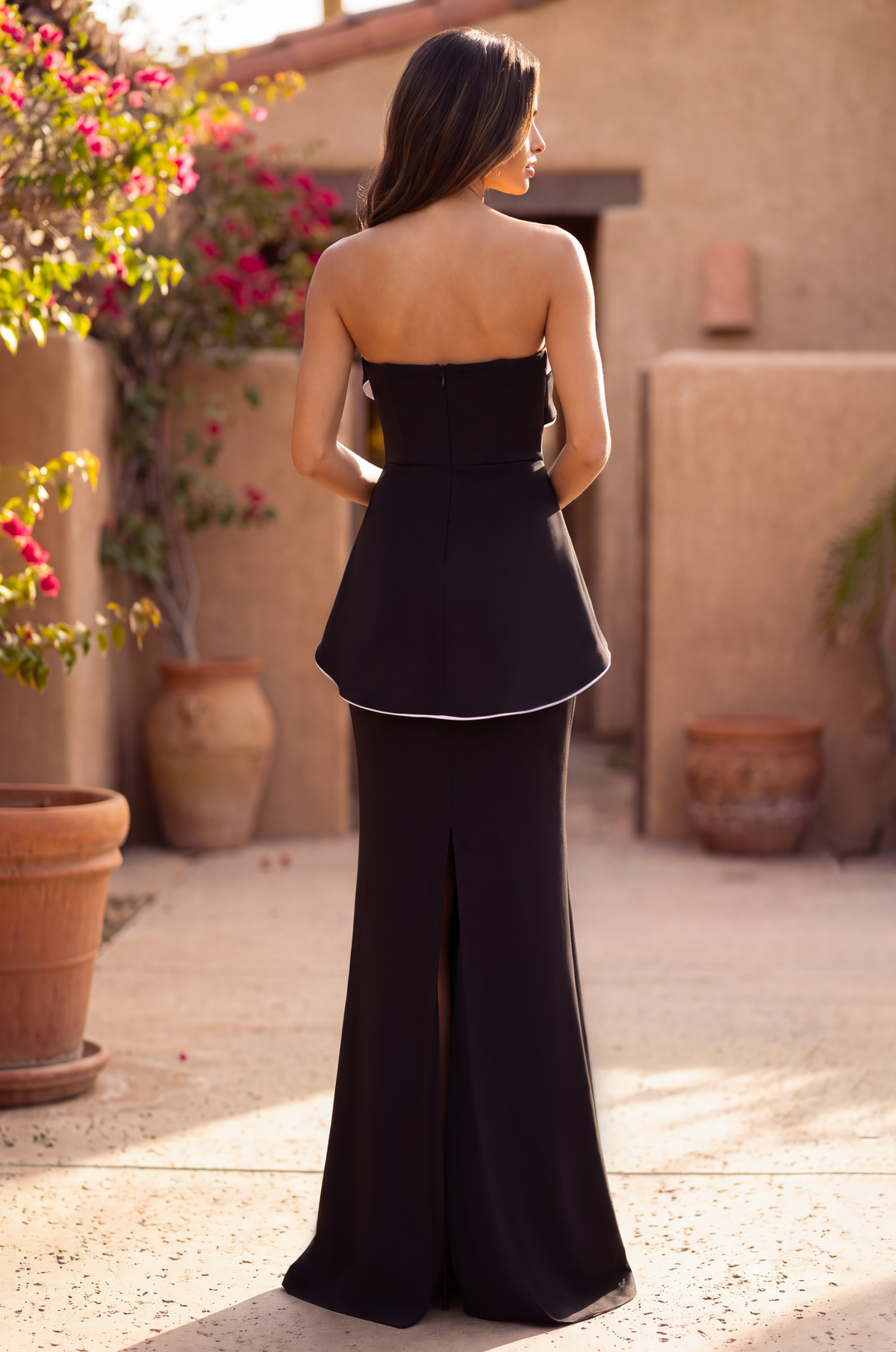 Fitted Crepe Peplum Formal Evening Dress – Black/White